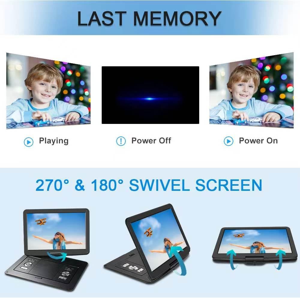 Lettore DVD portatile da 18 pollici con grande schermo girevole HD da 15,6 pollici, batteria ricaricabile 6 ore, lettore DVD portatile supporto USB/SD Card/Sync TV, diversi formati di dischi, nero