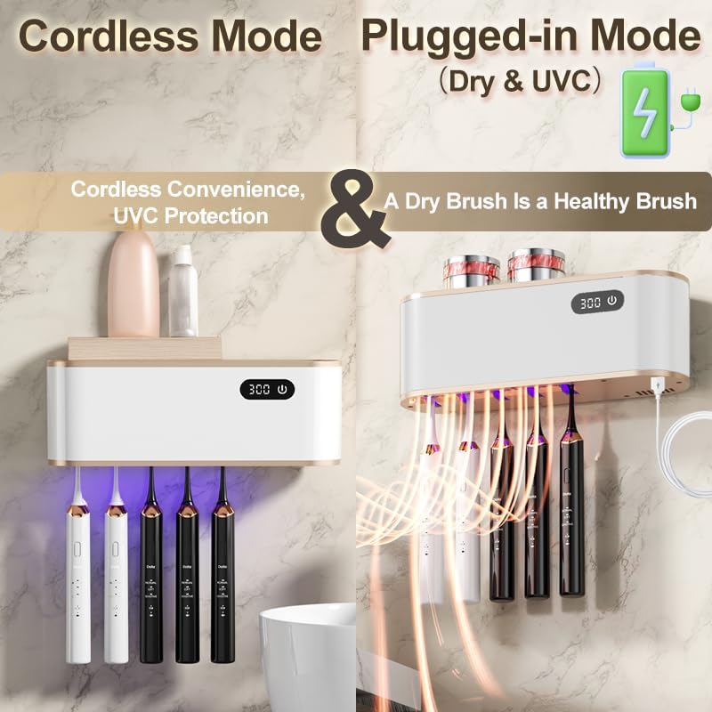 UV Toothbrush Sanitizer Holder for 4 | Wall Mounted Toothbrush Holder for Bathroom with Fan Drying | USB Rechargeable Toothbrush Cleaner & Sterilizer, No Drill Install, Modern Design (White)