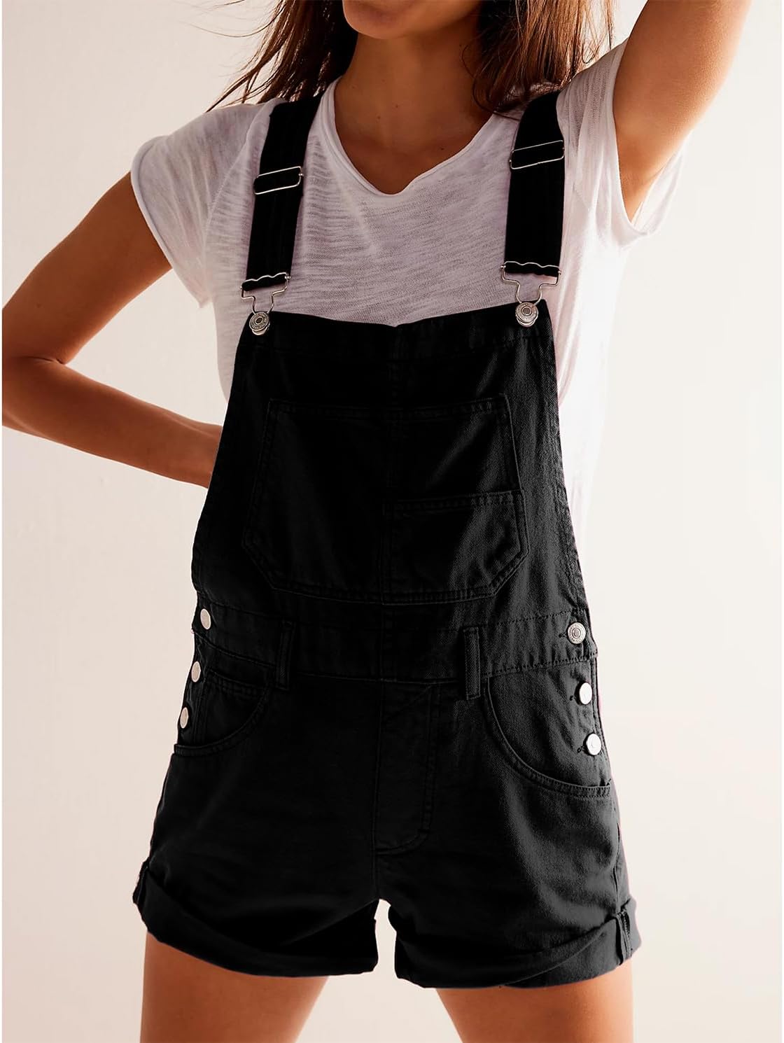 Women's Casual Denim Bib Overall Shorts Adjustable Straps Cuffed Hem Shortall Rompers - Image 3