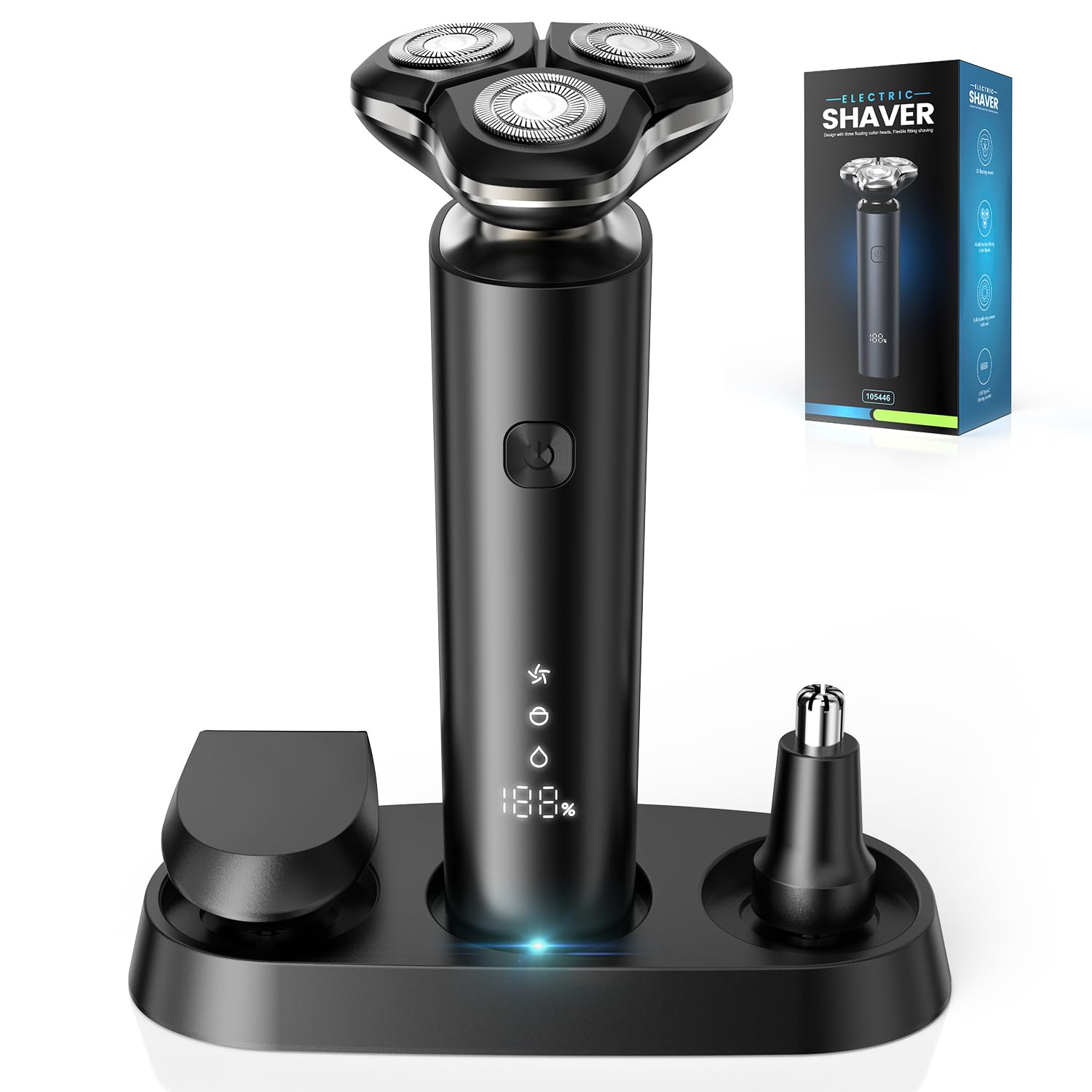 Rasoio Elettrico Barba Uomo, Rasoio Rotativo 3D con Dock di Ricarica, Regolabarba Uomo IPX7 con Display LED, Rasoio Impermeabile Wet & Dry Set 3 in 1