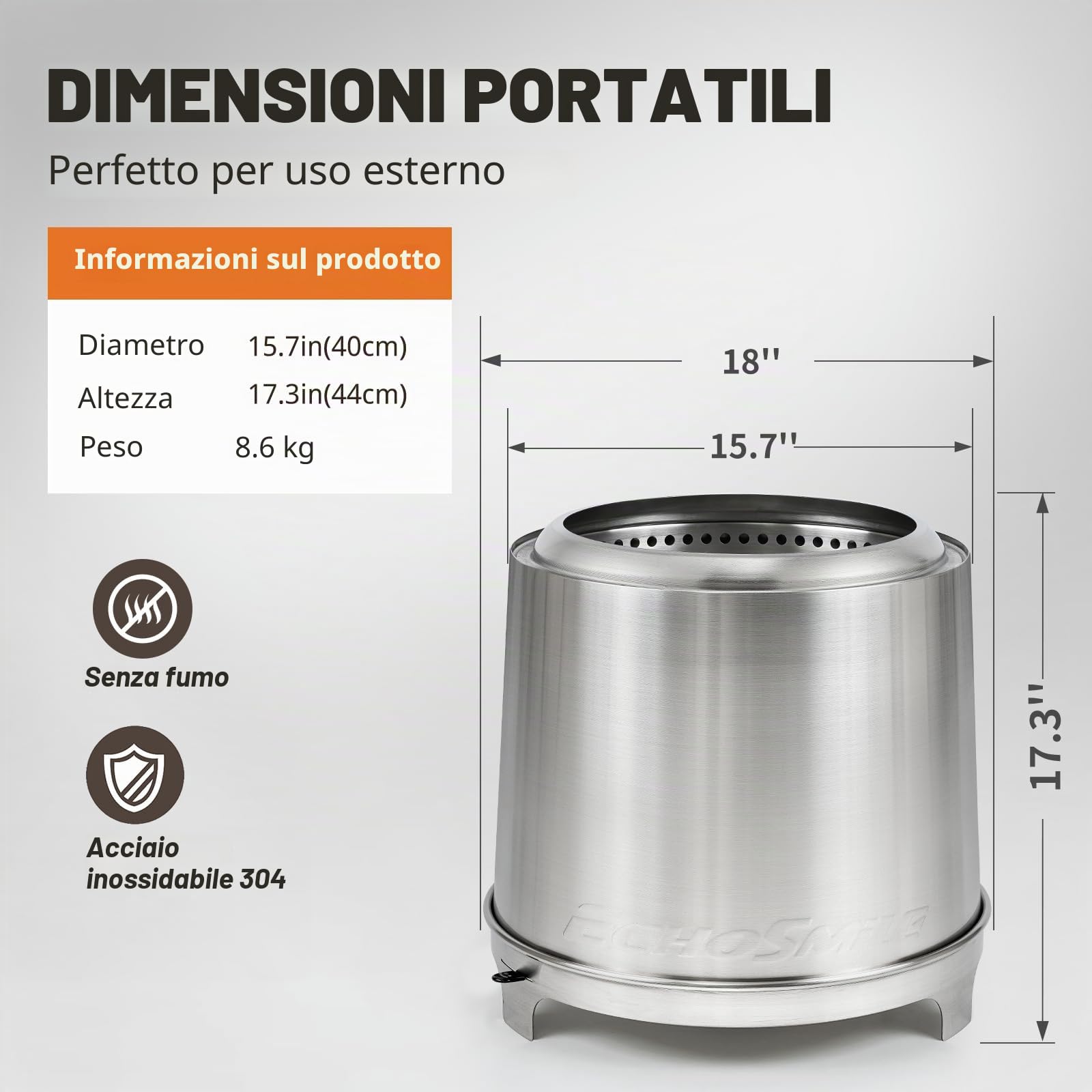 EchoSmile Braciere Senza Fumo da 46 cm con Tripla Combustione e Valvola Regolabile, Cassetto Cenere Rimovibile, Acciaio Inox, Focolare Portatile per Esterni, Giardino, Patio, Campeggio