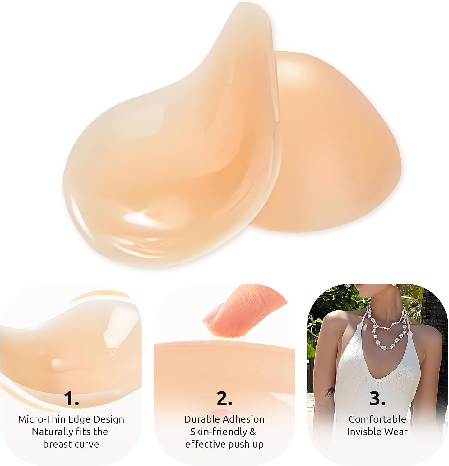 2025 Push Up Sticky Bra for Women, Reusable Invisible Silicone Adhesive Bra for Backless Strapless Dress, with Nipple Covers (D, Nude+Nude)