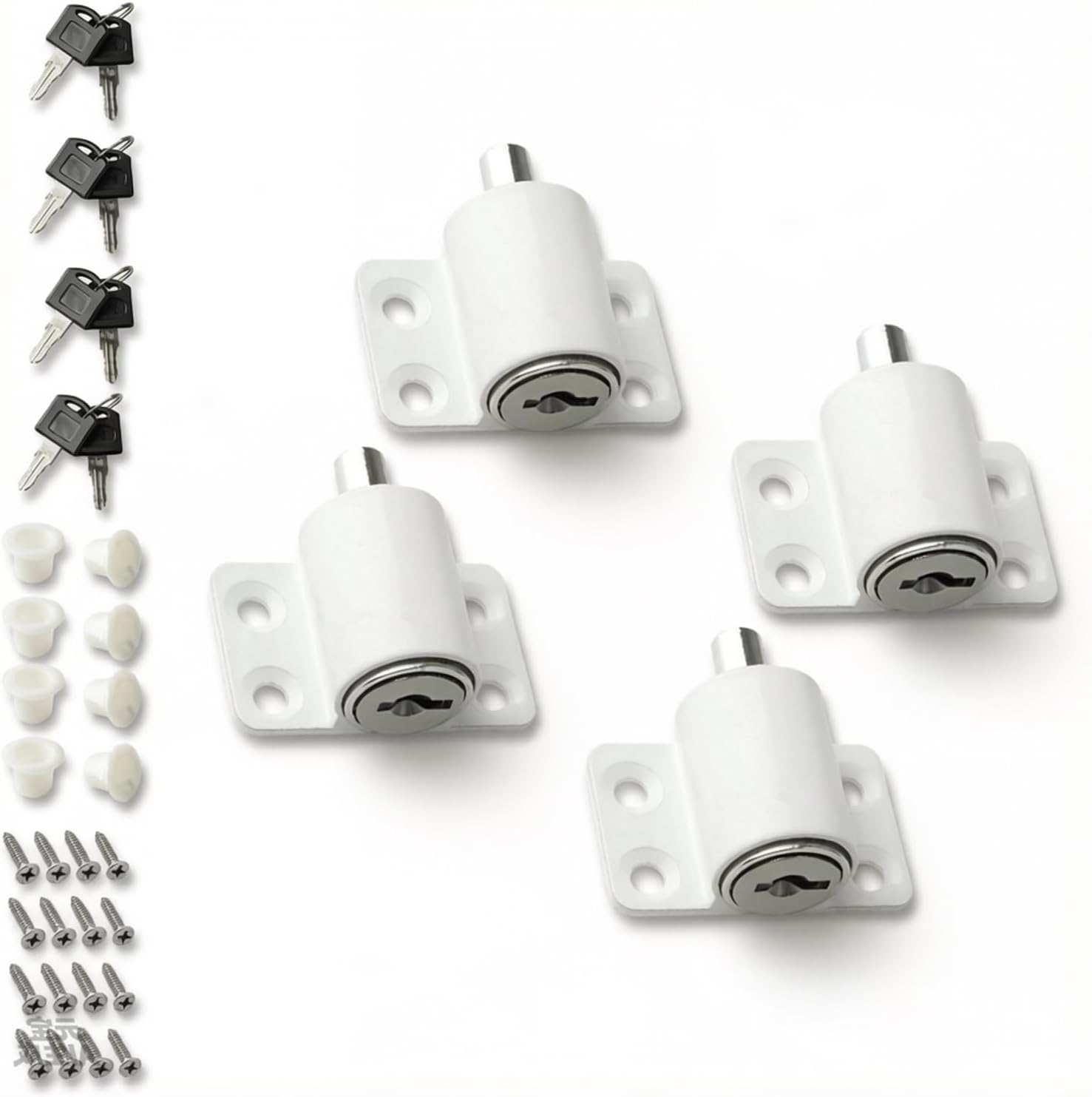 – 4-Pack Sliding Window Locks with Key, Adjustable White Security Latches with Screws, Universal Fit for Glass Doors, Patio, Home & Office Safety