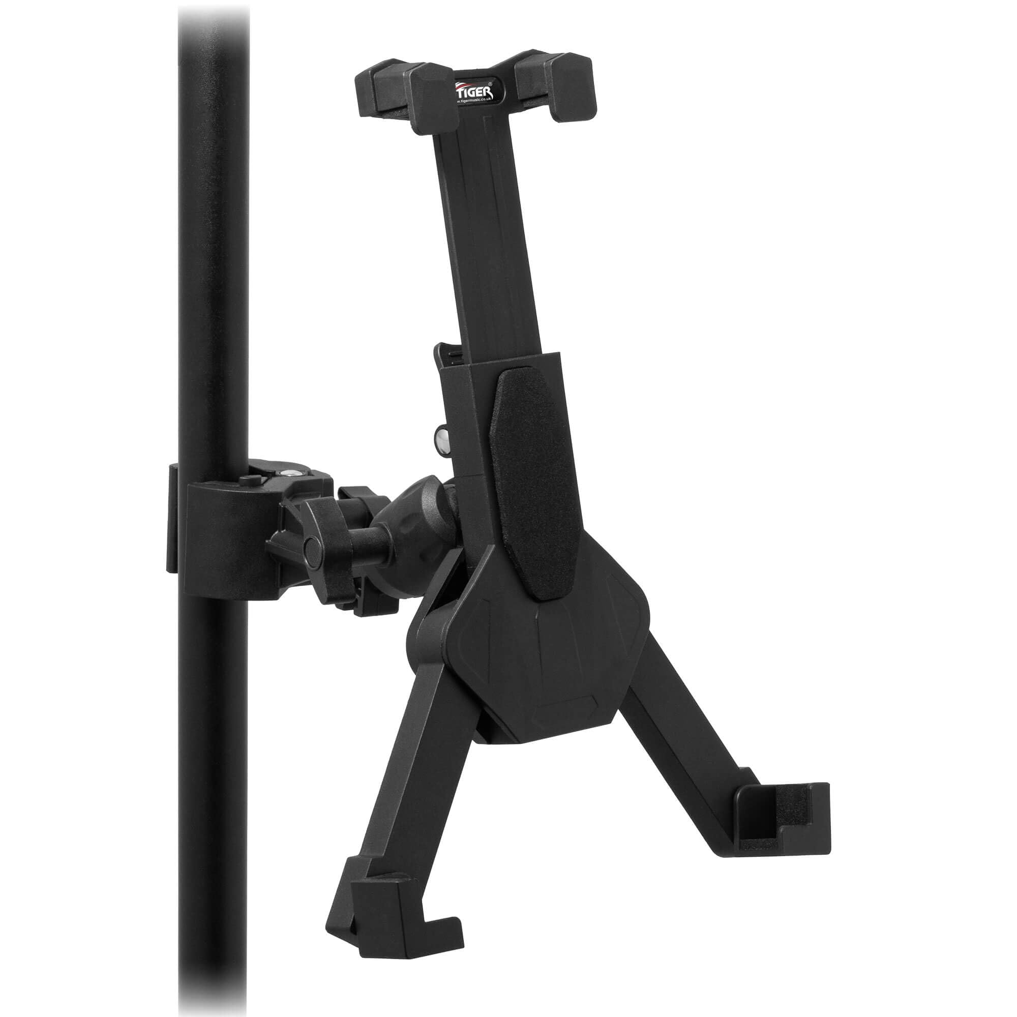Tiger Professional Tablet iPad Mount Clamp for Microphone Music Stand, Sturdy Secure, Ball Joint 360° Swivel, Adjustable Angle, Expandable Fit Wide Range Devices, Square Grip Attachments