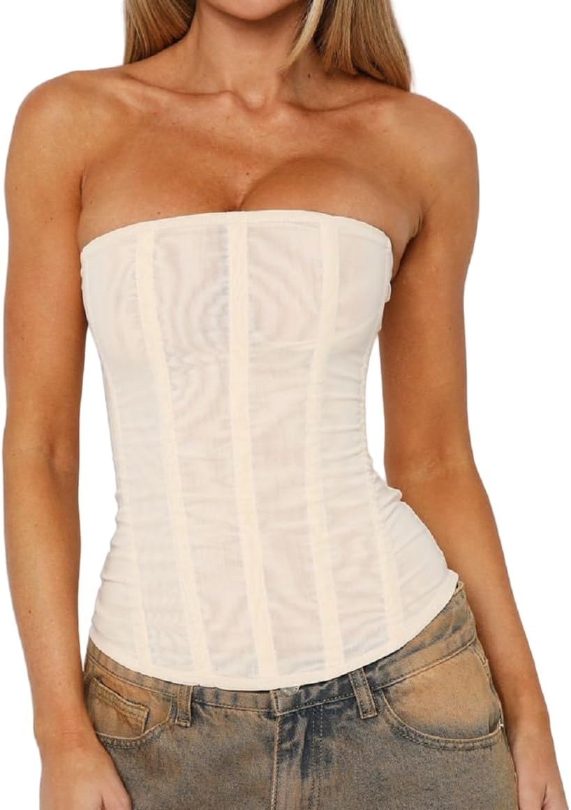 Luckinbaby Women Y2k Strapless Bustier Corset Back Zip Mesh Boned Bodyshaper Tube Top Sexy Going Out Bustier Tops