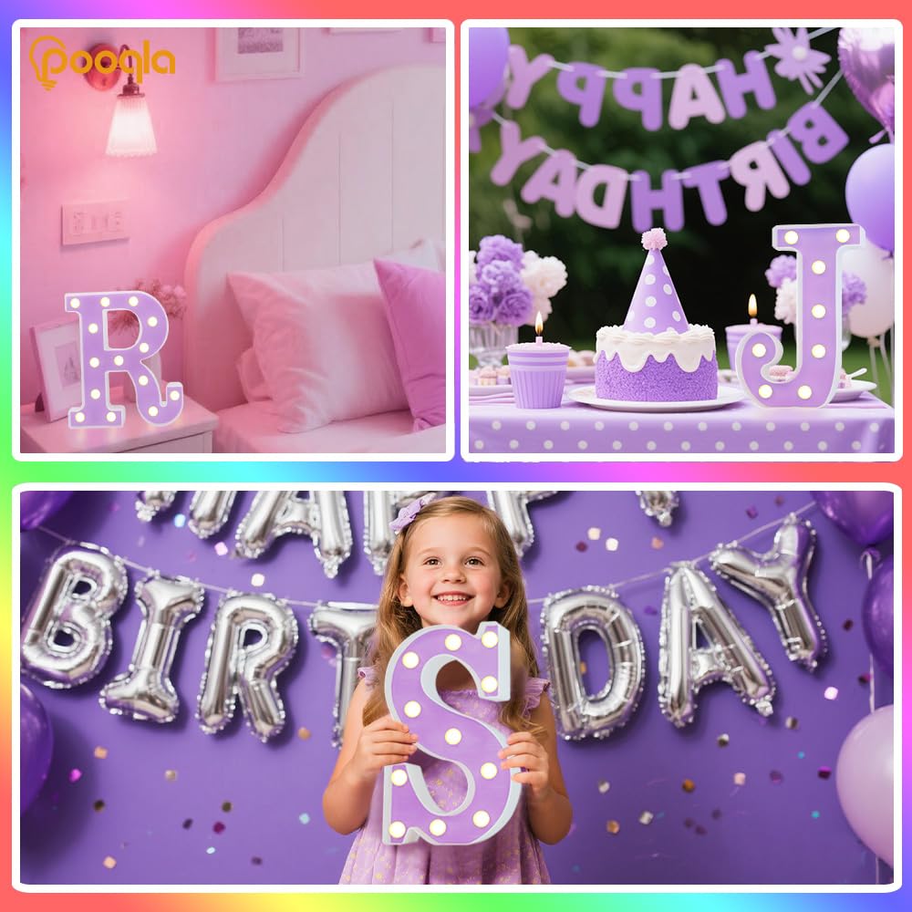 Pooqla Letras LED para marquesina, letras del alfabeto iluminadas para luz nocturna, cumpleaños, boda, fiesta, Navidad, decoración del hogar, bar, letra D morada