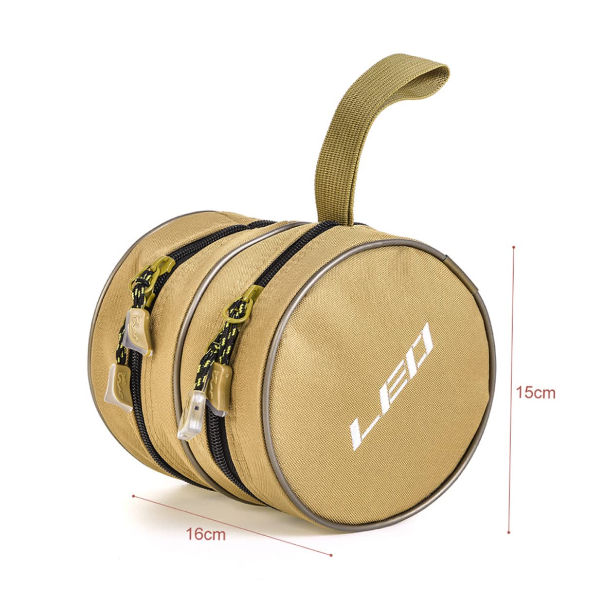 POPETPOP Round Fishing Supplies Storage Bag Portable Outdoor Fishing Pouch Two Layer Design for Fishing Gear Shockproof Protection Durable Material Khaki