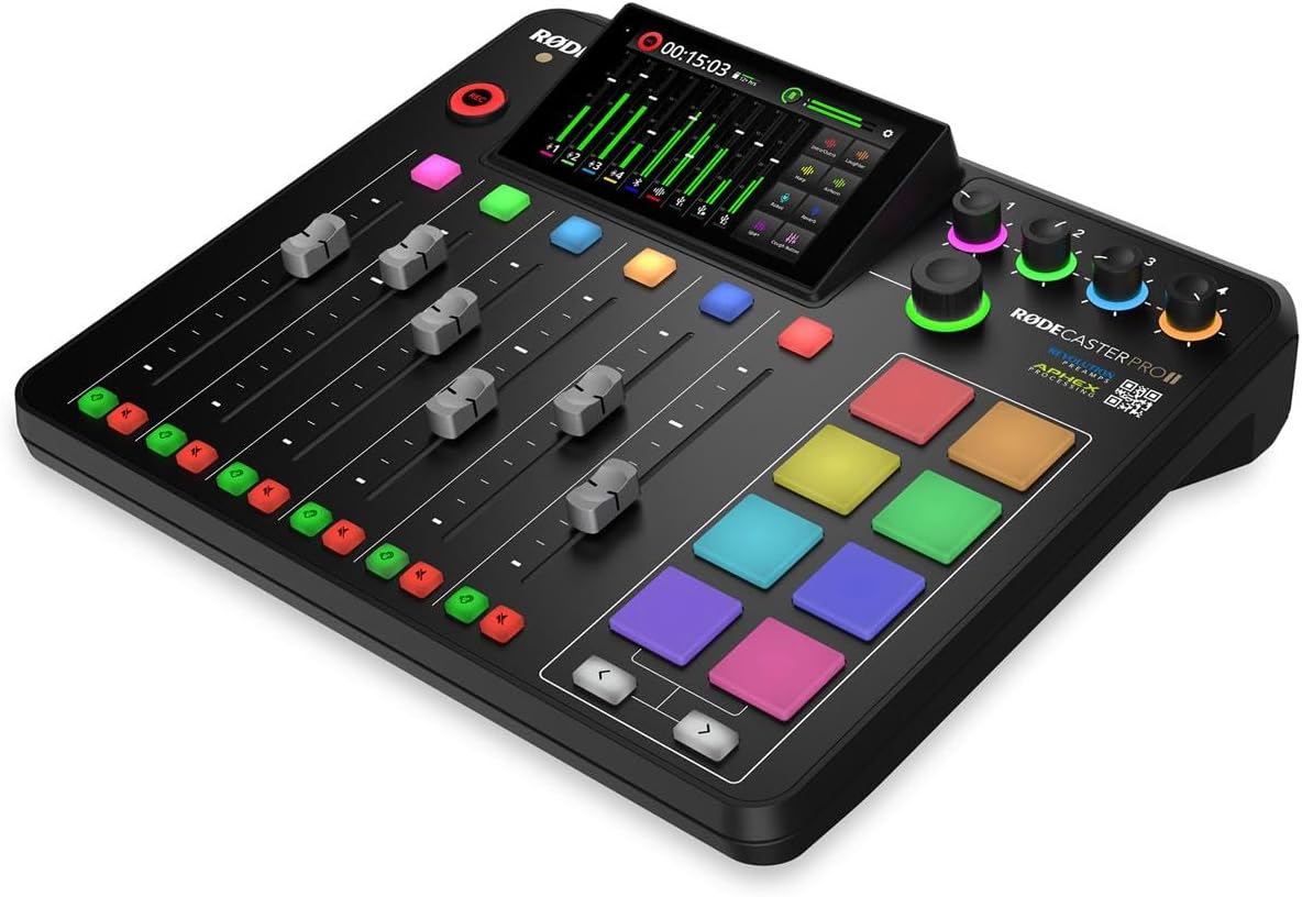 Rode RODECaster Pro II Integrated Audio Production Studio Console Bundle with 2x PodMic Microphone, TAPH500 Headphones, Broadcast Arm, M to F XLR Cable, 32BG microSD Card