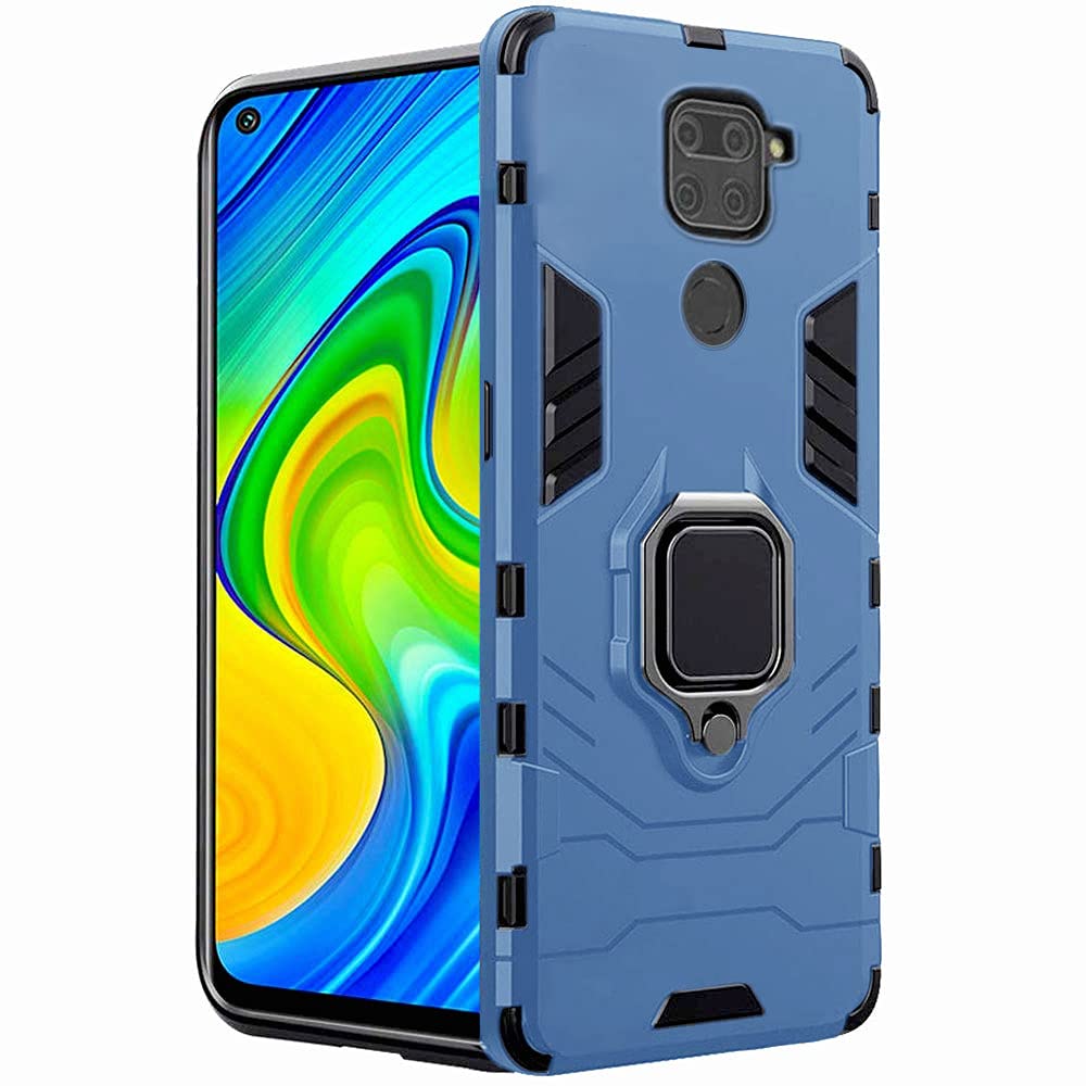 TheGiftKart Tough Armor Redmi Note 9 Bumper Back Case Cover | Ring Holder & Kickstand in-Built | 360 Degree Protection Back Case Cover for Redmi Note 9 (PC, Polymer | Blue)