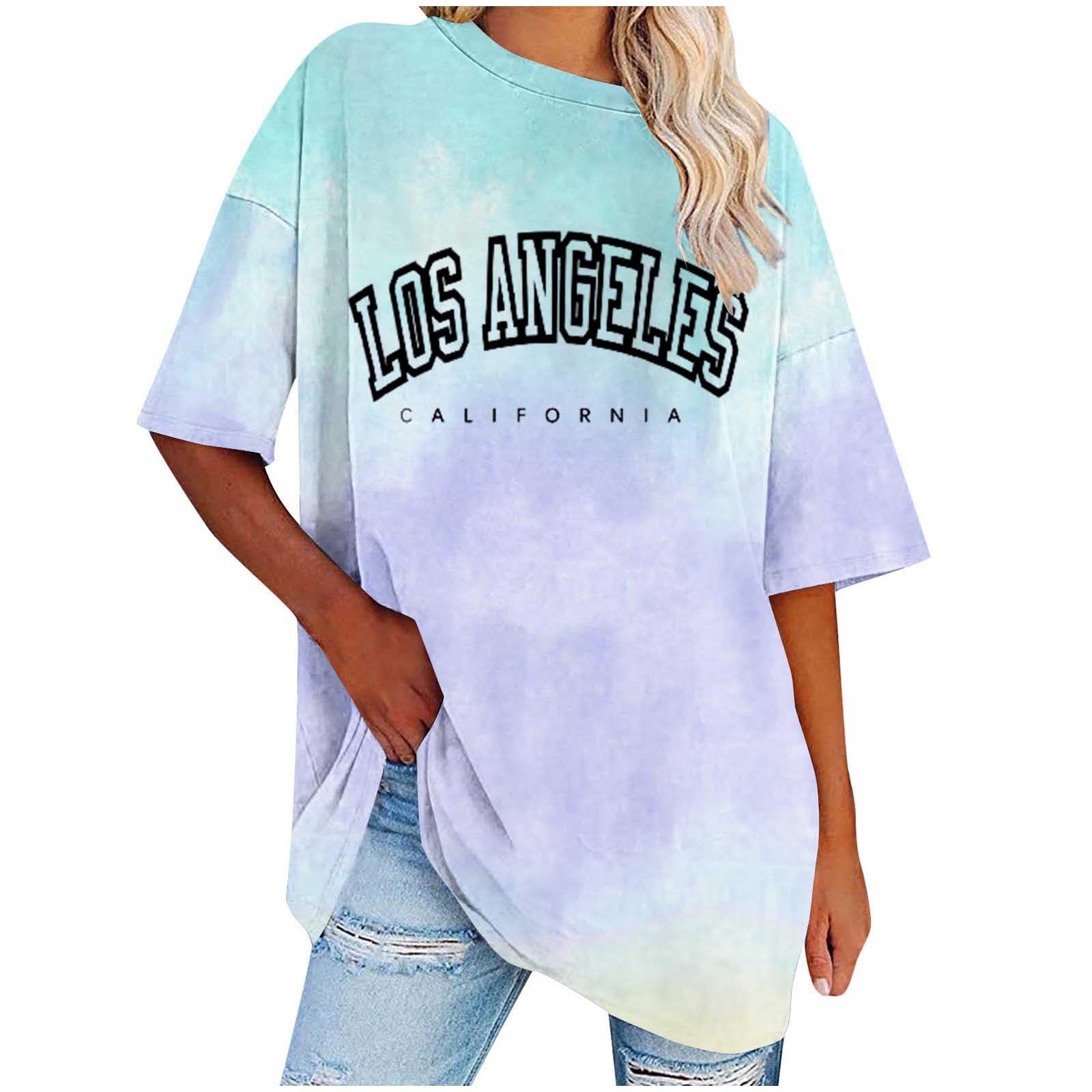 Ladies Tops Round Neck Oversized T Shirts for Women Drop Shoulder Y2k Short Sleeve Letter Printed T Shirts Casual Plus Size Summer Tunic Tops Fashion T-Shirts for Teen Girls UK Size S-5XL Clearance