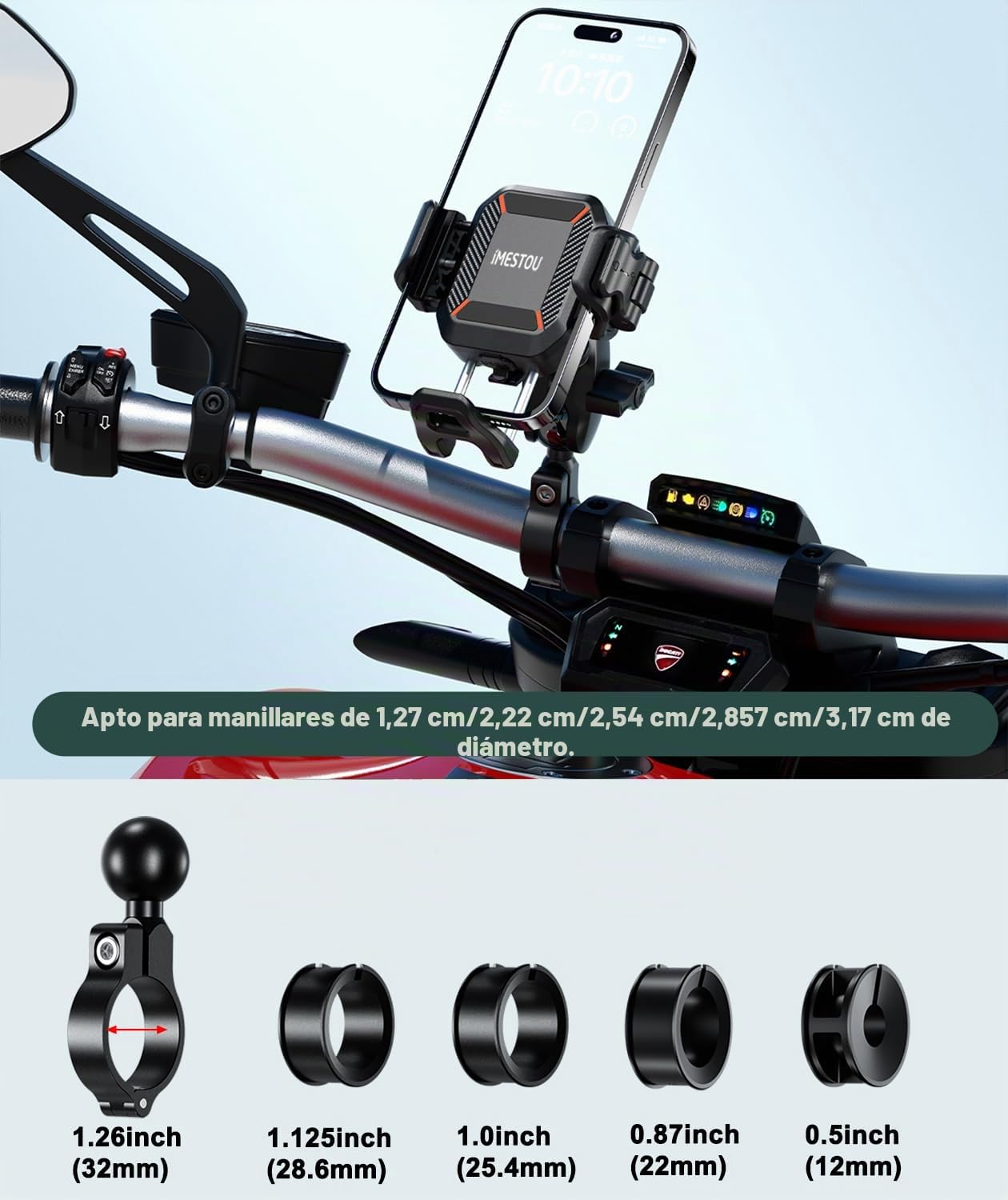 iMESTOU Soporte Inalámbrico USB C para Motocicleta, Antivibración, Bola de 25MM Soporte para Teléfono Qi Adecuado para Teléfonos de 5.2"-7.2" de Grosor hasta 15mm de Grosor para Manillares de 22-32mm