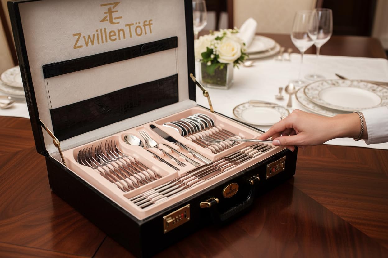 Besteck Set 72-teilig für 12 Personen, Edelstahl, Silber | Hochglanzpoliertes Besteckset im Koffer, spülmaschinenfest, für festliche Anlässe und Alltag