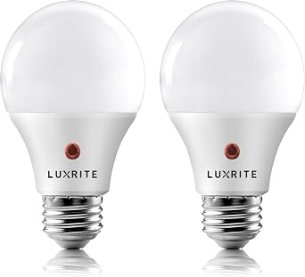 LUXRITE A19 LED Dusk to Dawn Light Bulbs, 60 Watt Equivalent, 3000K, 2 Pack