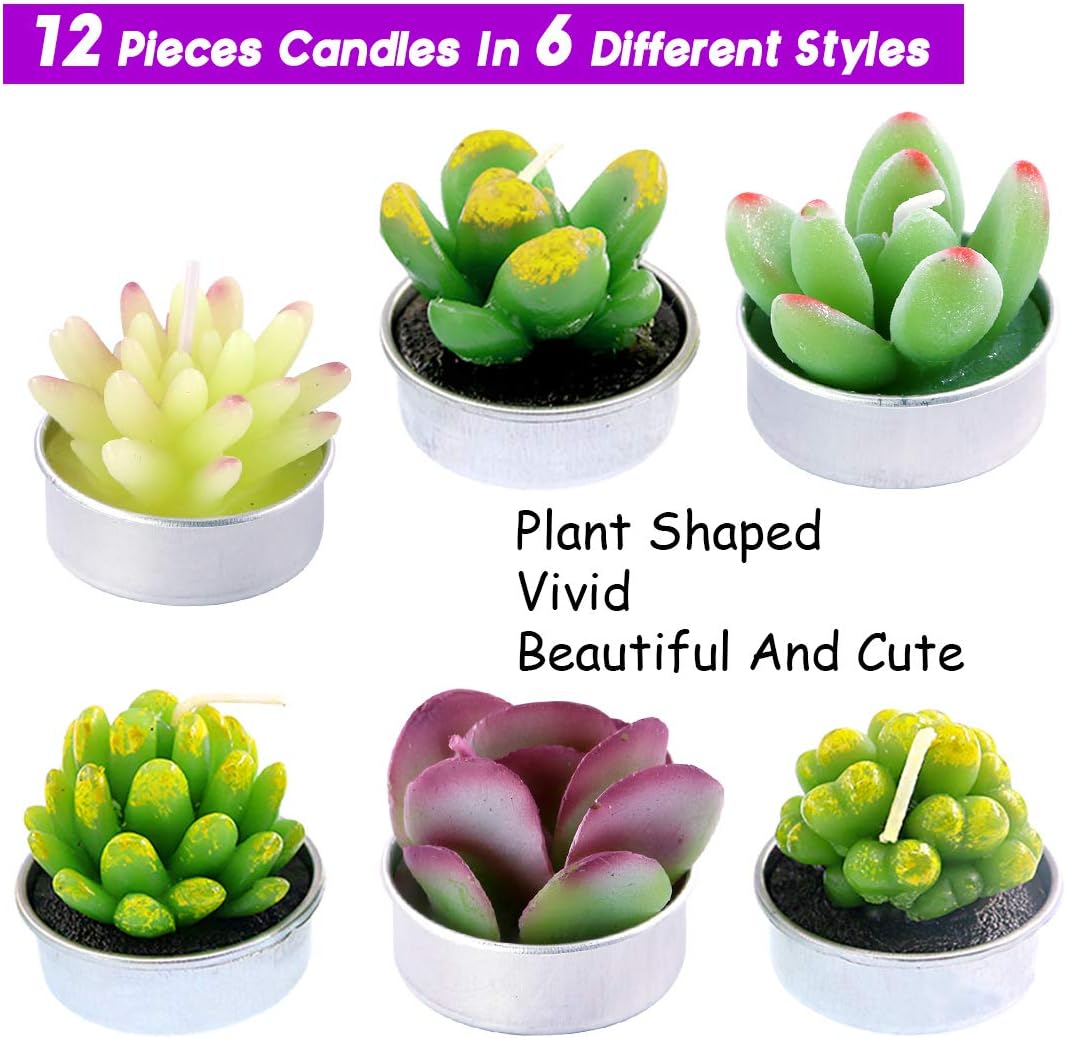 Swpeet 12Pcs Decorative Succulent Cactus Tealight Candles Kit, Cute Smokeless Succulent Plants Perfect for Candles Festival Wedding Props and House-Warming Party (N0.4-Candle)