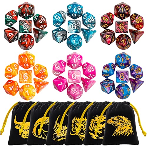 QMay DND Dice Set - 6x7 (42 Pieces) Polyhedral Dice, Double Colors Dice for Dungeons and Dragons Tabletop Role-Playing Games with 6 Black Pouches.