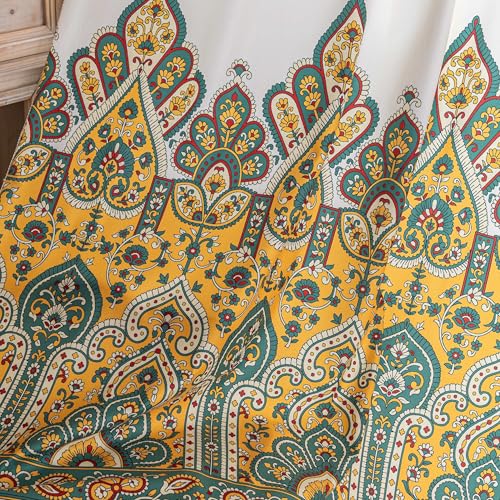 Image of Yellow Paisley Curtains 63 Inches Long, Boho Farmhouse Light Filtering Rod Pocket Drapes with Tassel Trim for Bedroom Living Room, 2 Panels