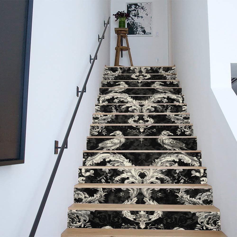 REDAMANCY Black and White Damask Flower Peel and Stick Vinyl Stair Riser Decals - Abstract Boho Art Modern Decoration Self-Adhesive Home Decor Staircase Tile Stickers (14Pcs)