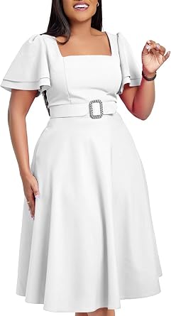 Womens Solid Color Dress Trendy Cap Sleeve Boat Neck Midi Dress Pleated Dress,Wedding Party Dress