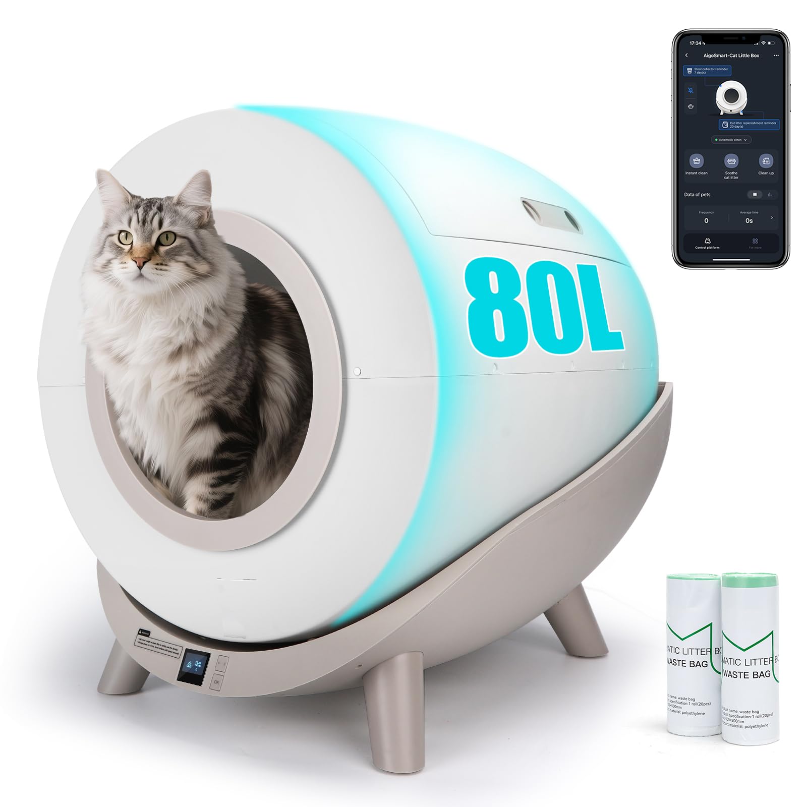 Nobleza - Arenero Autolimpiable Inteligente para Gatos con App - SL01, 80L Capacidad, Ideal para Varios Gatos, Incluye 2 Rollos de Bolsas de Basura, Inodoro Automático para Mascotas