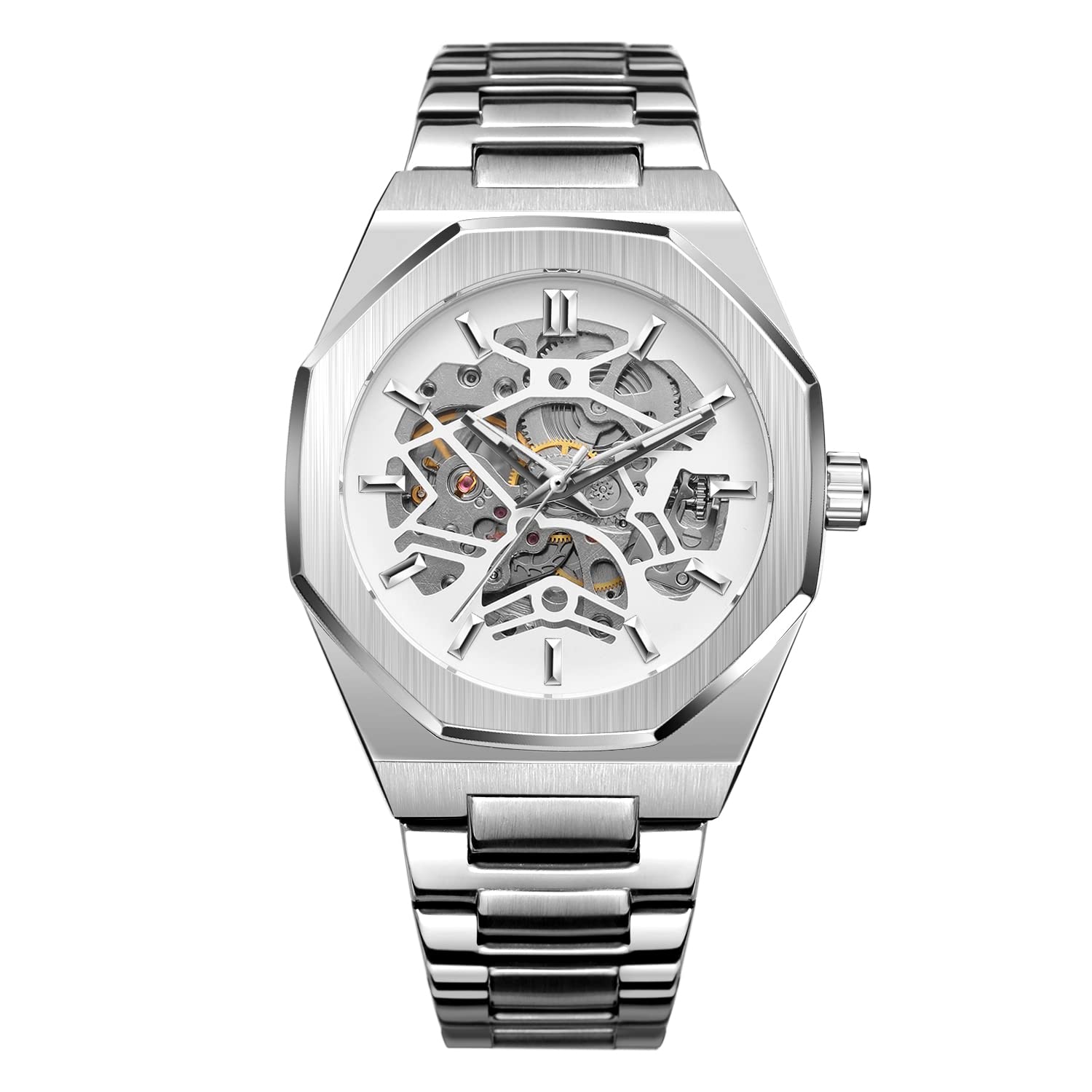 Mechanische Skelett-Uhr für Herren, automatisches Selbstaufziehendes offenes Herz-Design, Edelstahlband, Premium-Skelett-Uhr für lässige und formelle Kleidung