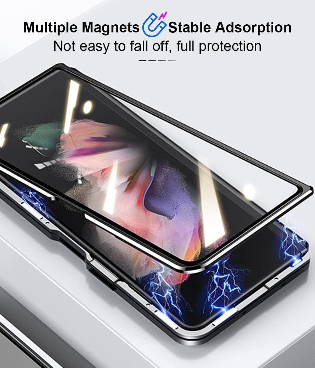 QUIETIP Case for Samsung Galaxy Z Fold 7,Magnetic Body Metal Frame Double Sided Clear Tempered Glass Cover with Camera Protection,Blue