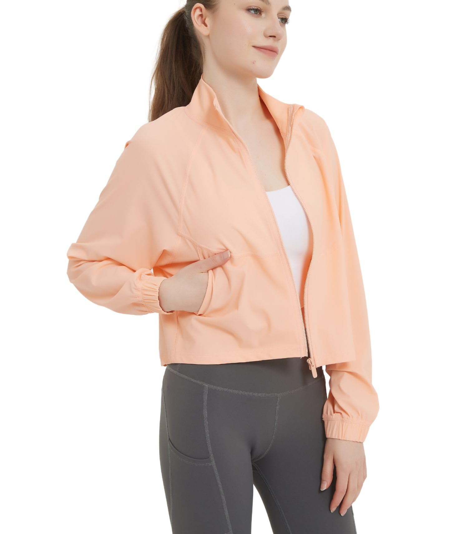 happlan Women's UPF 50+ Sun Protection Athletic Running Gym Yoga Long Sleeve Cropped Zip Up Workout Shirt Track Jacket