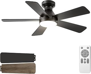 42inch 5-Blade Ceiling Fan Light, Recessed Mount with Remote Control, Black | Silent DC motor, forward/reverse operation, 3CCT, full memory function, dimming and color adjustment, mobile app connectivity