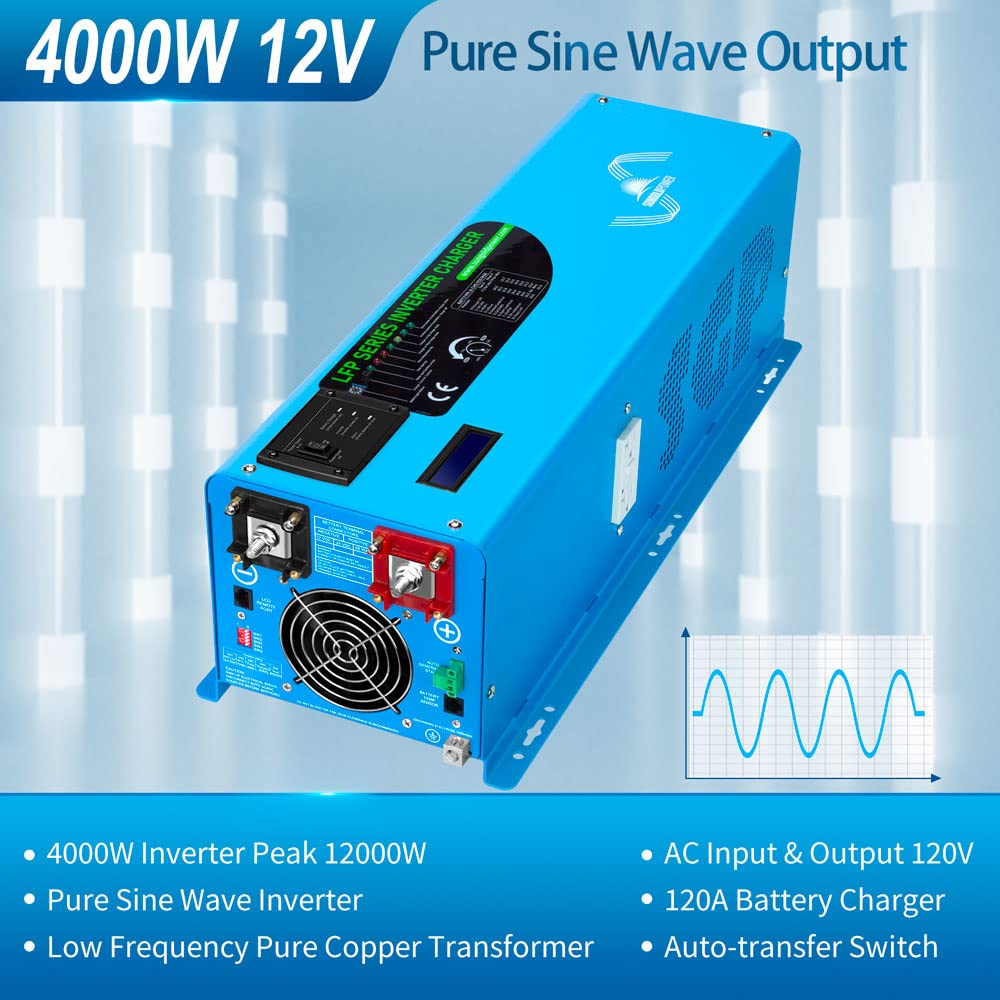 4000W 12Vdc Pure Sine Wave Inverter Low Frequency 120Vac Input to 120 Vac Output 50/60 Hz with Battery Charger Off-Grid 12000W Peak Made by SUNGOLDPOWER