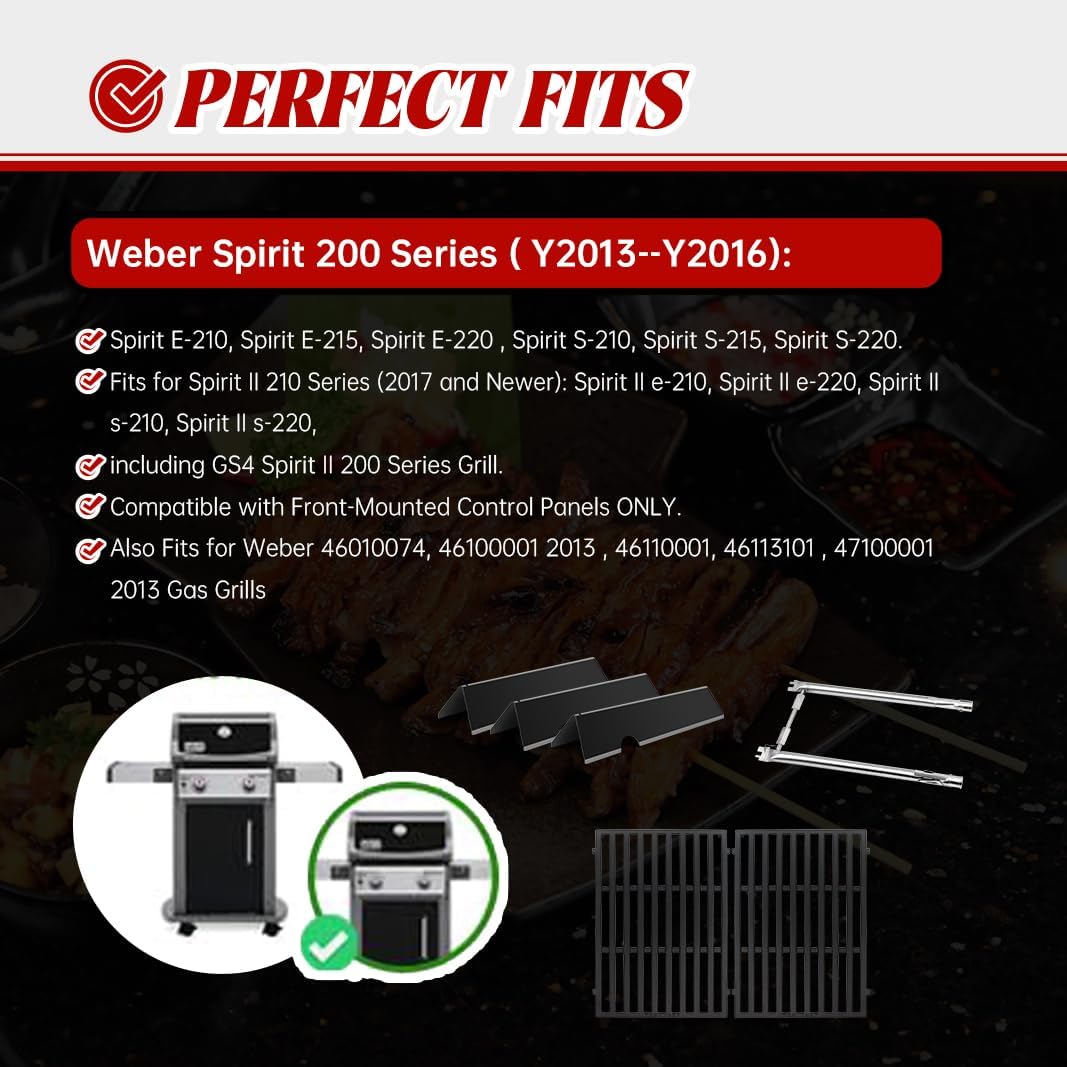 Grill Parts Replacement for Weber Spirit, 7635 Flavor Bars and 69785 Grill Burner Tubes 7637 Grill Grate for Weber Spirit I & II 200 with Front Control, Spirit E210, E220, S210, S220