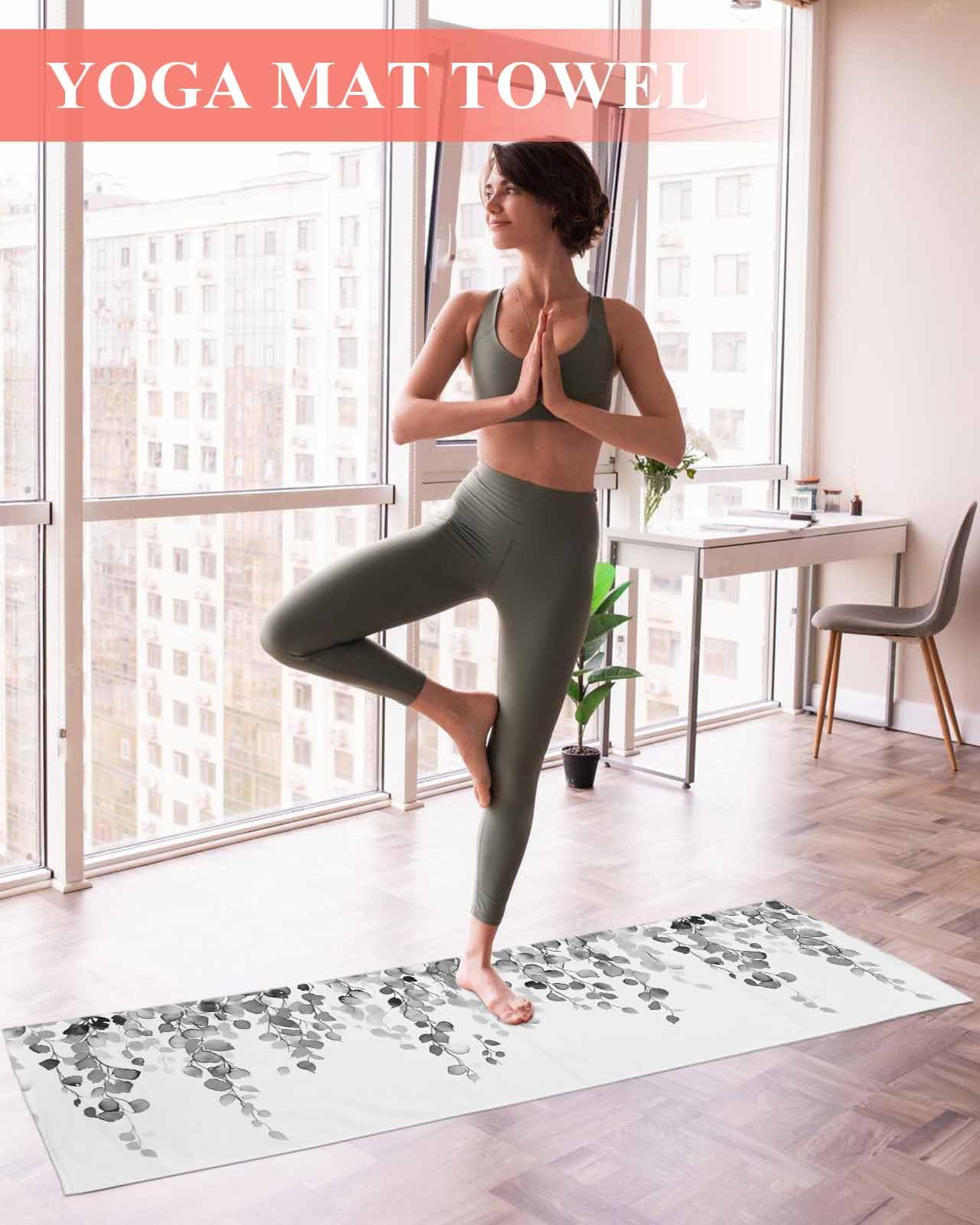 BOSIJOY Yoga Mat Towel,Spring Farm Botanical Leaves Non Slip Sweat Absorbent Hot Yoga Towels with Corner Pockets,Gray Foliage Plant on White Soft Microfiber Towel for Pilates Bikram 74