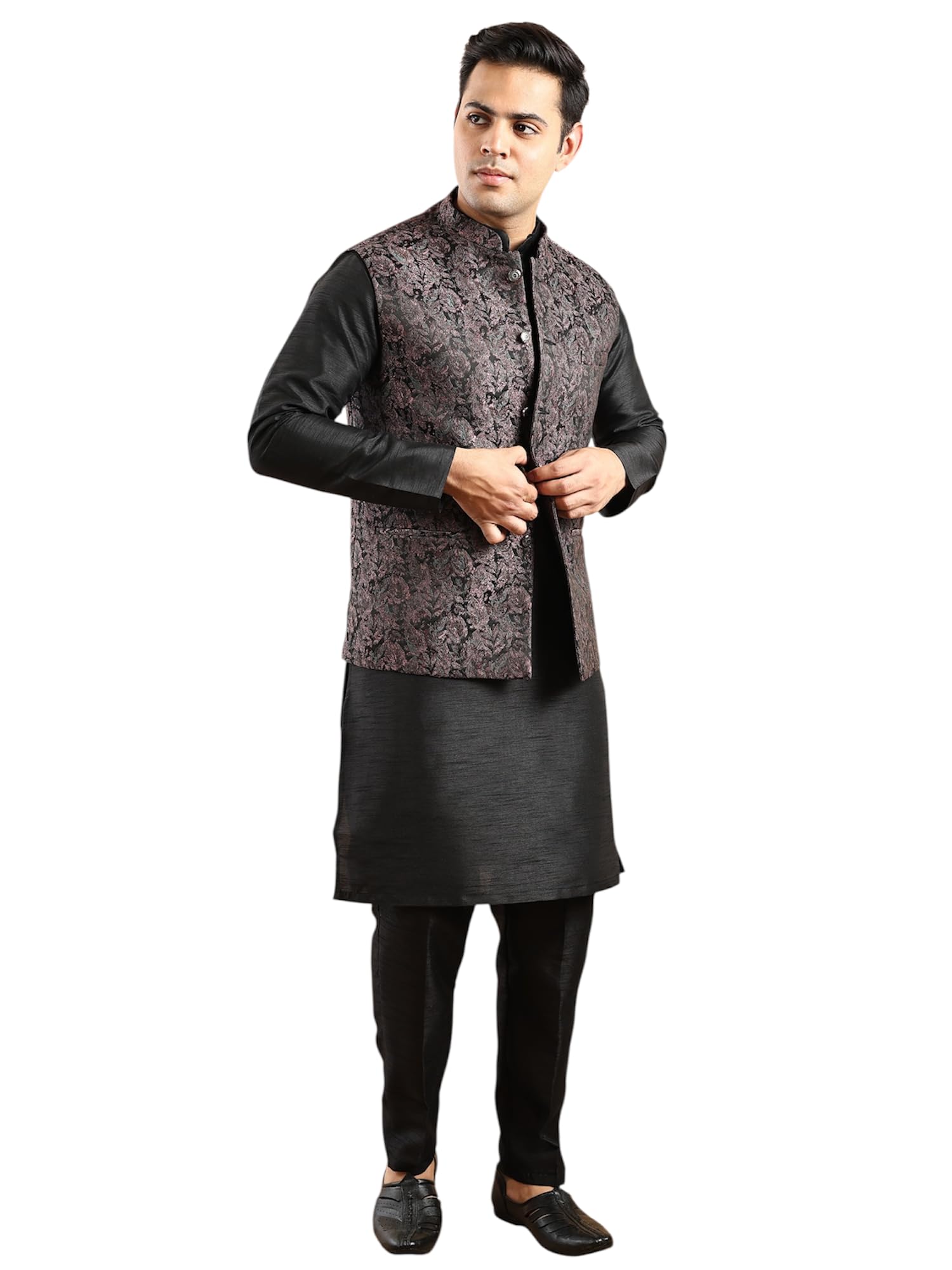 Designer Kurta Jacket Set, Black Silk Blend, Full Sleeve Knee Length Kurta with Sleeveless Nehru Jacket
