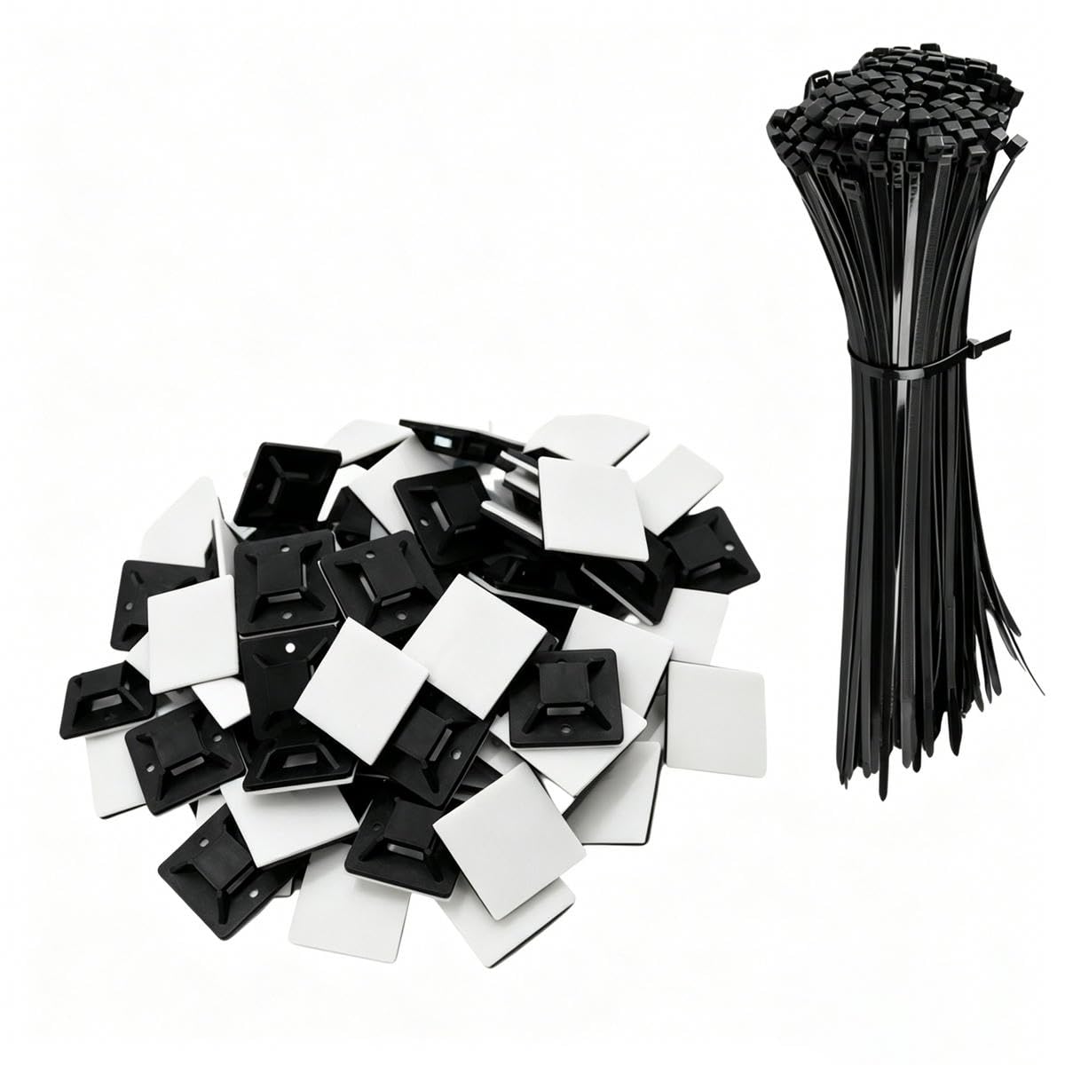 Self-Locking Nylon tie + Nylon Square Self Adhesive Wire Zip Fixed Seat Holder Cable Tie Mount Base-Black 100pcs-4x200mm 30x30
