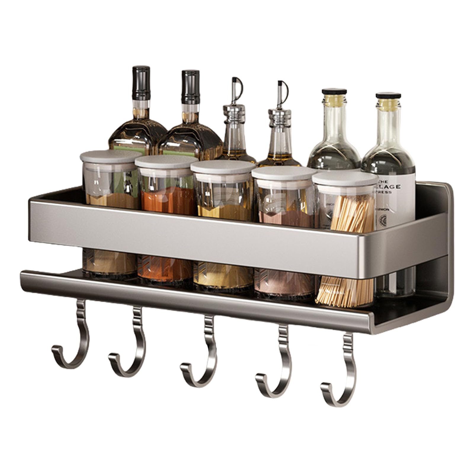 Nucelit Multipurpose Wall Mounted Spices Storage Shelf for Kitchen Supplies Without Drilling Required with Hook Designs Spices Shelf