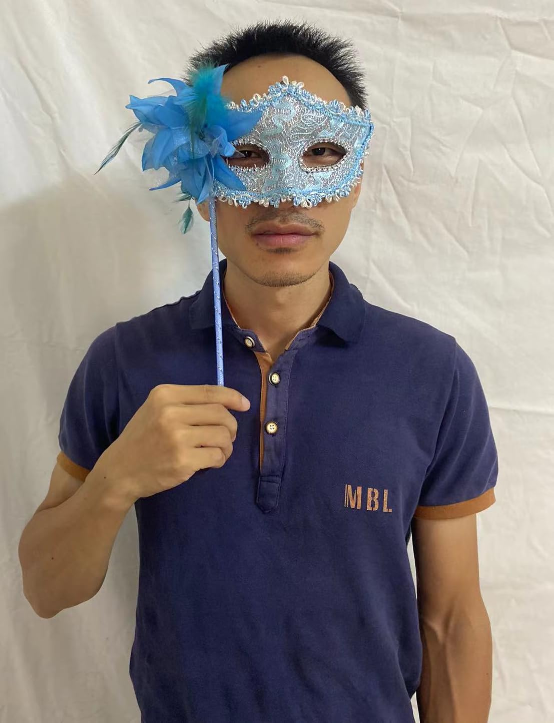 Women's Masquerade Masks Side Feather Flower Petal Hand Held Lace Mask with Stick (Light Blue) - Image 2