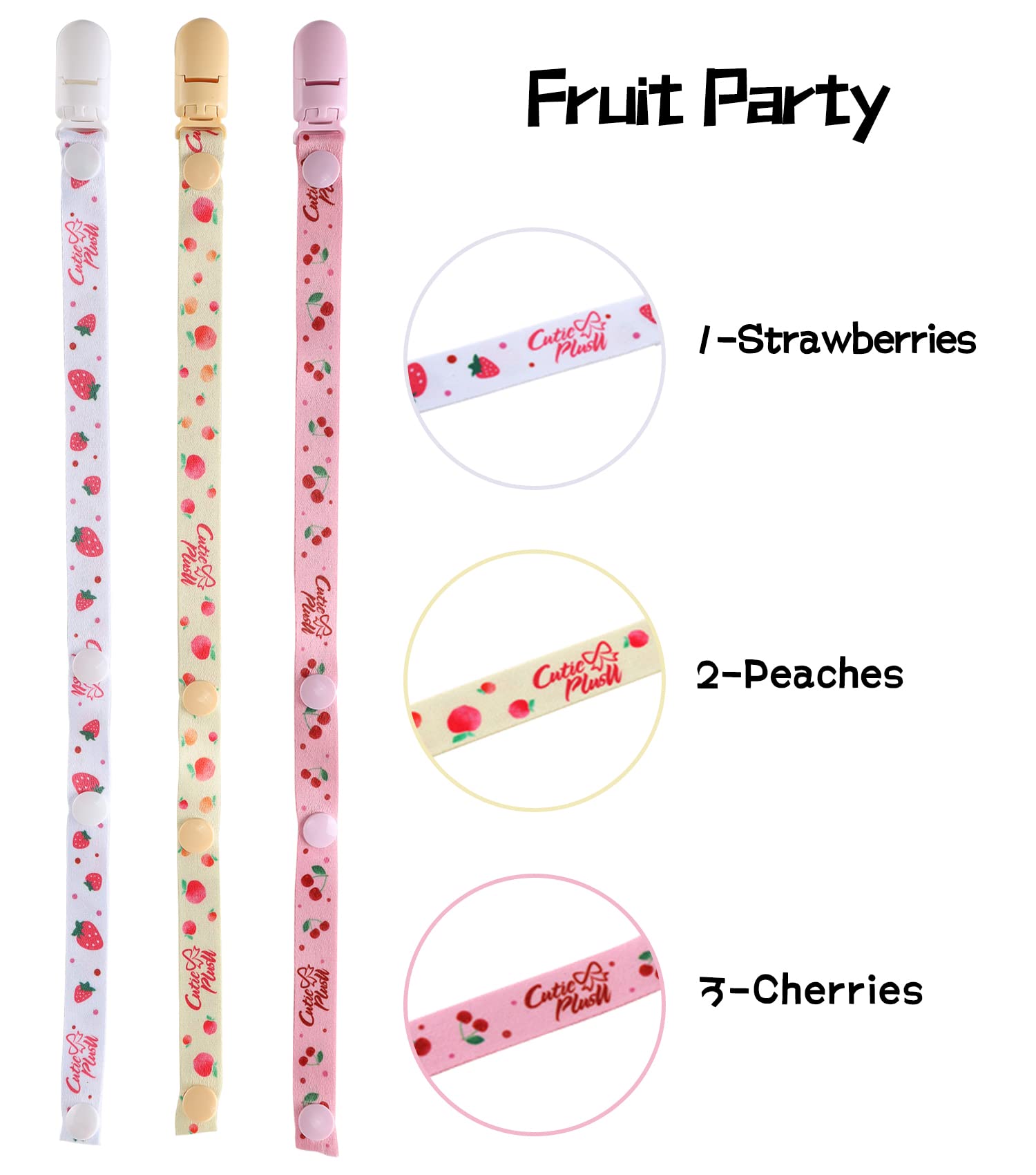 CutiePlusU Lot de 3 pinces à tétine pour adulte - Fraises, cerises et pêches