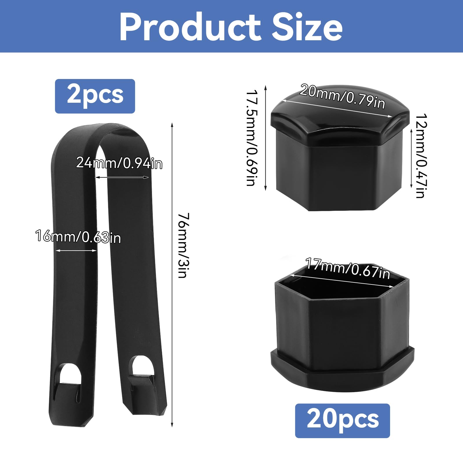 20 Pièces Cache Ecrou, 17 mm Capuchons de Boulons de Roue avec Outil de Démontage, Universel Cache-écrous de Pneu Hexagonaux pour Écrous de Roue de Voiture (Noir) - 3