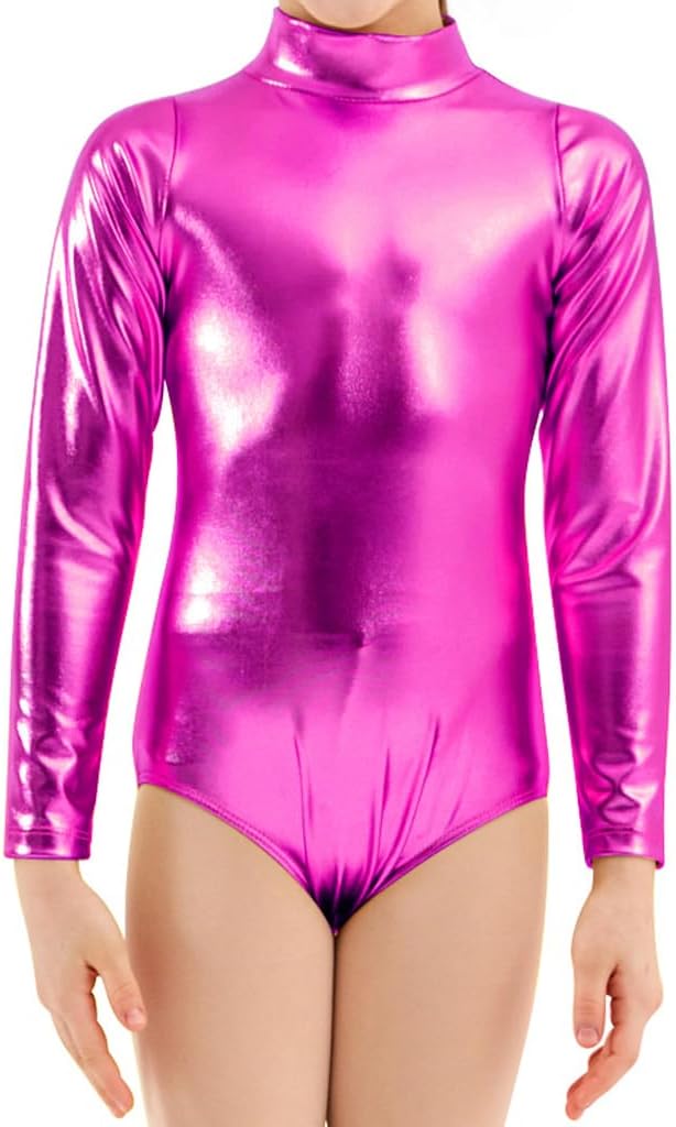 Girls Metallic Unitard Toddler Sparkly Tumbling Gymnastics Dance Leotard Mock Neck Long Sleeve Zipper Back Bodysuit