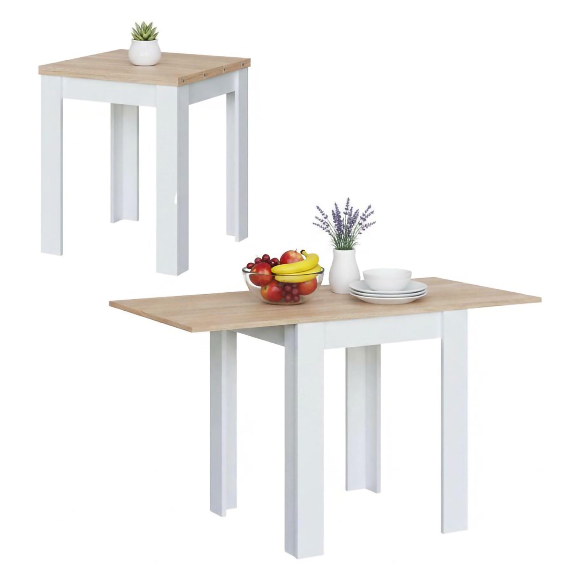 Dmora - Tavolo allungabile Newark, Ripiano da pranzo pieghevole apertura a libro, Tavolo ausiliario richiudibile, 67x67/135h79 cm, Bianco e Rovere