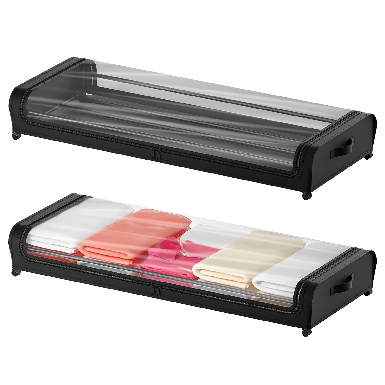 JewemUnder Bed Large Storage with Wheels, Under Bed Storage Containers, 2 Pack UnderBed Storage Drawer, 6.5 inch High Rolling Under Bed Shoe Storage with Lid, Organization and Storage for Clothes