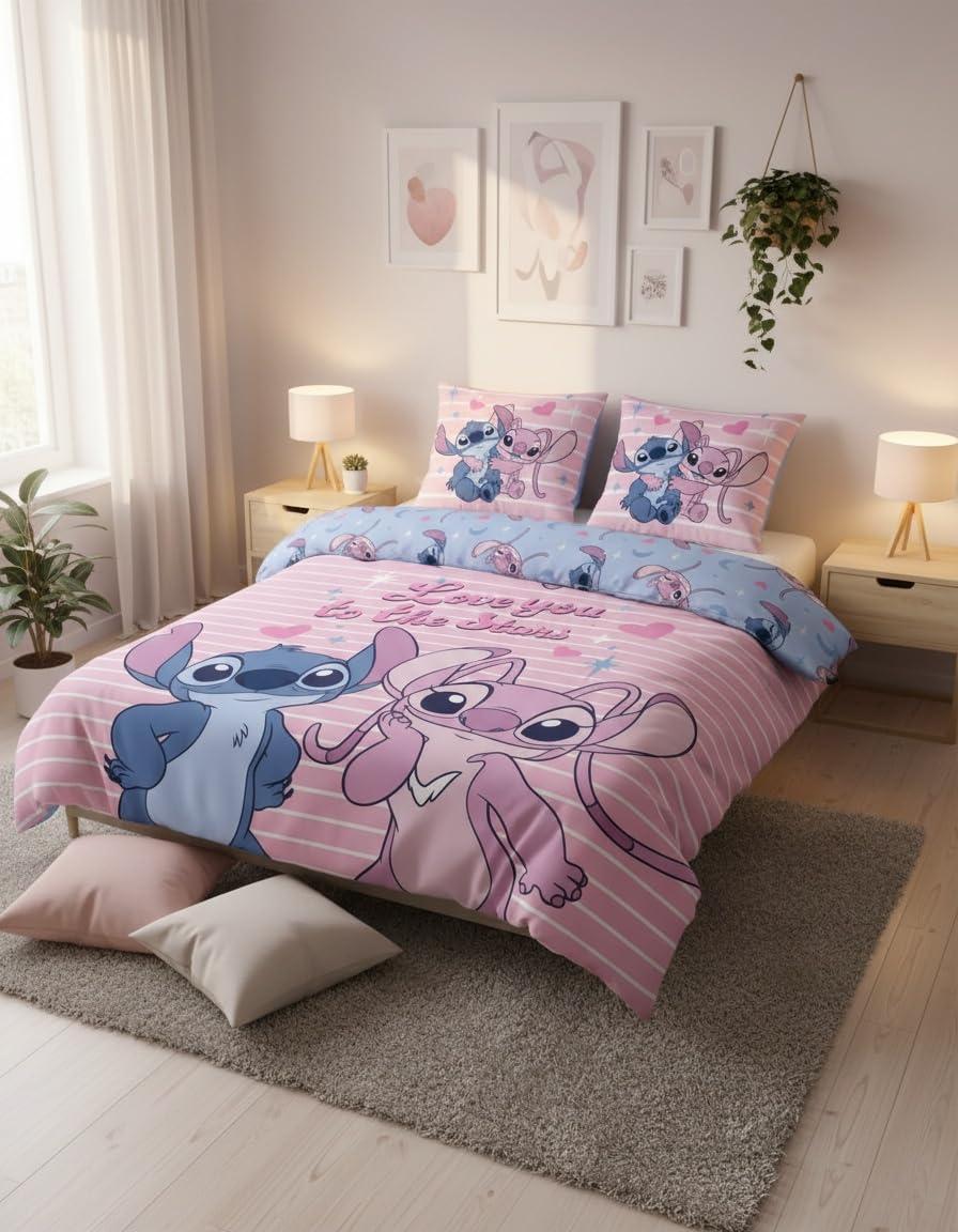 Stitch Angel Love Stars Funda Nórdica Cama 150 240x220 + 2 Fundas Almohada | Ropa de cama 2 personas reversible | Polialgodón secado rápido Oeko-Tex | Disney | Botones | Regalo pareja | Idea regalo