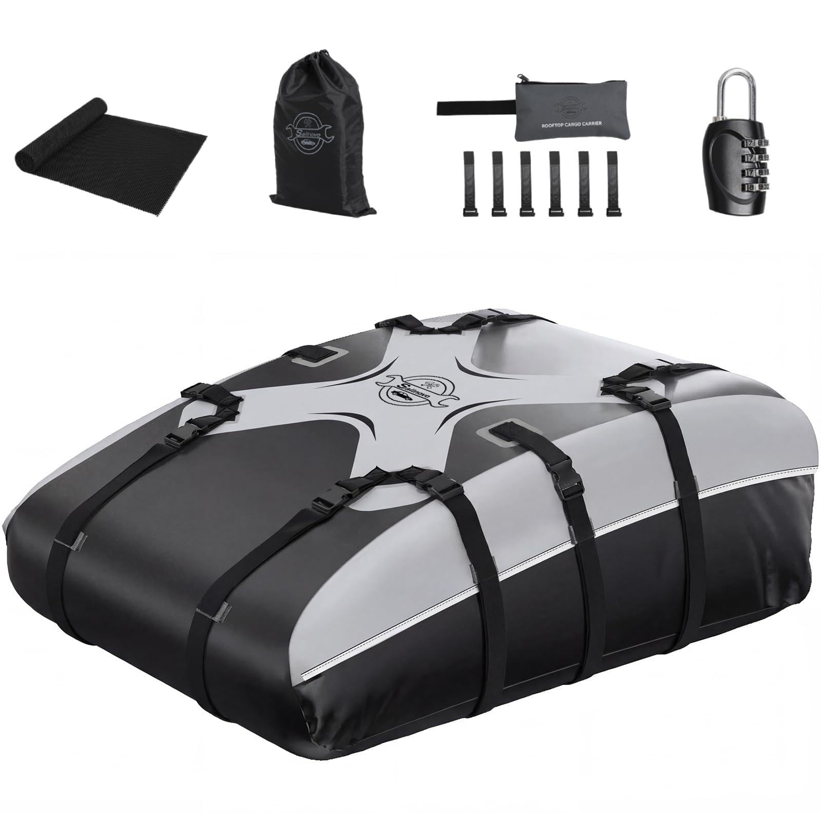 Sailnovo Sac de Toit Voiture pour 580L/20 Pieds Cubes pour Tous Les Véhicules avec/sans Galerie de Toit avec Sangle, 6 Crochets de Porte (Gris-Noir)