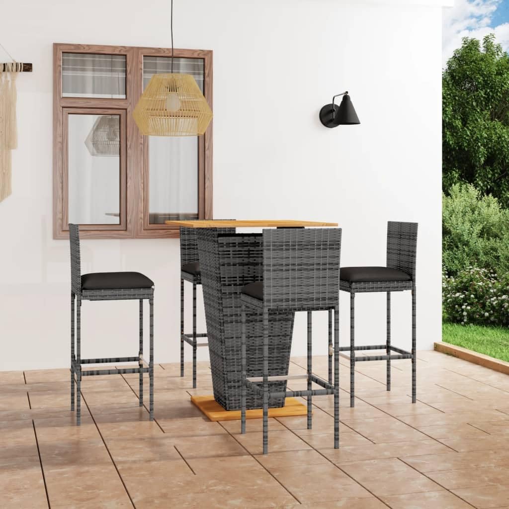 vidaXL Ensemble de Bar de Jardin 5 pcs et Coussins Mobilier de Terrasse Salon de Jardin Table et Chaises de Patio Extérieur Résine Tressée Gris