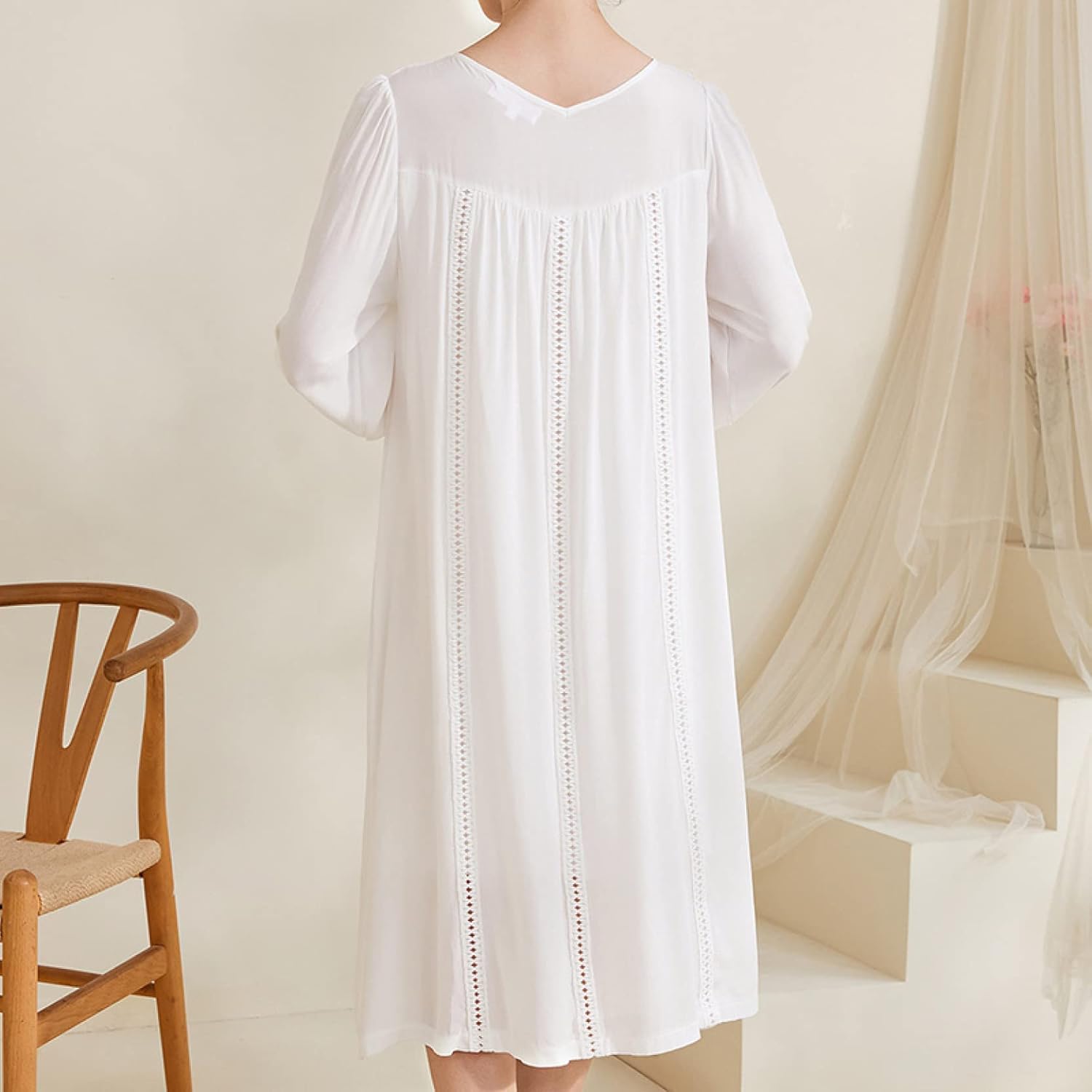 [lsjdln] レディース ナイトウェア 綿 長袖 ルームワンピース 花柄刺繍 姫系 ワンピース フリル レース 無地 ネグリジェ