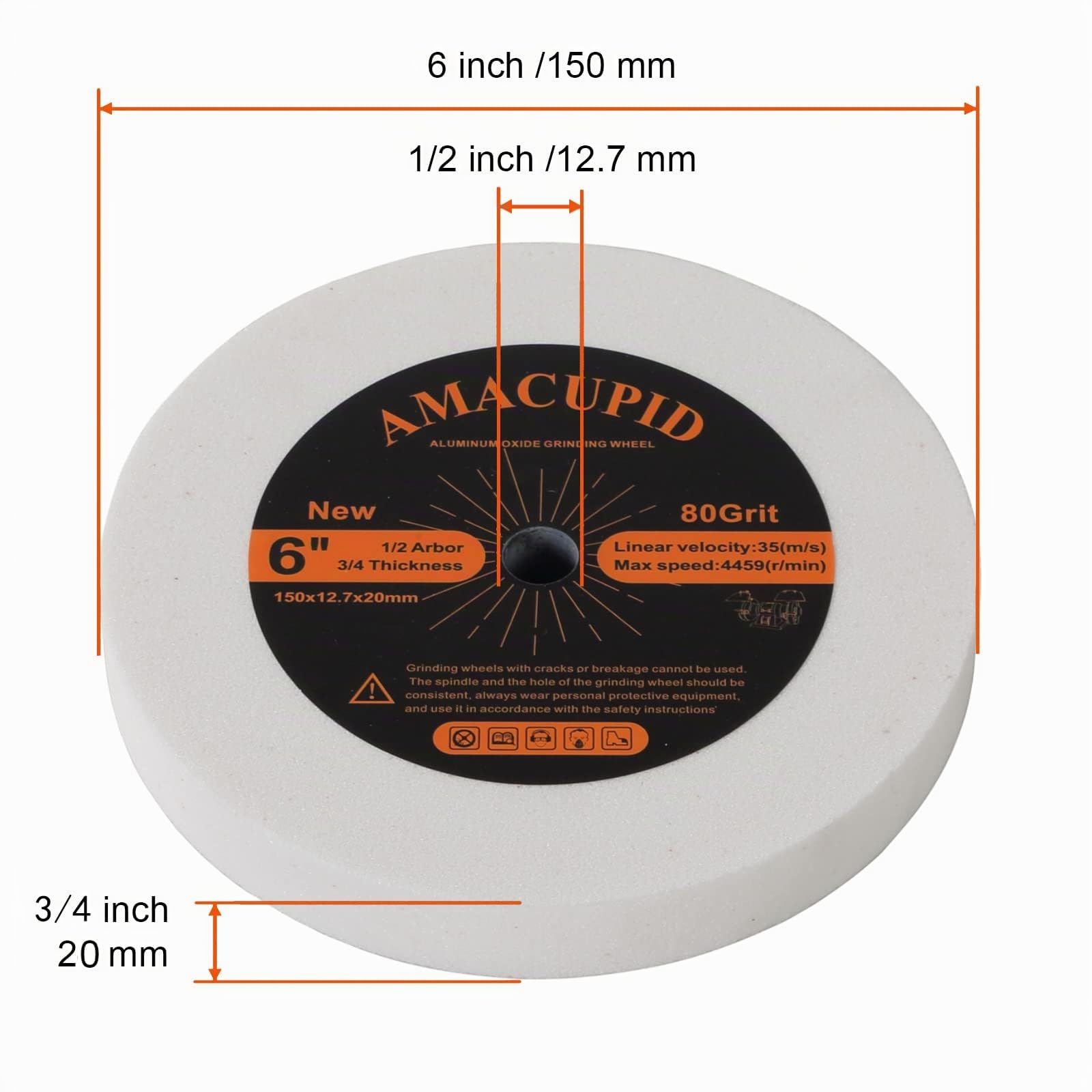 Mole per smerigliatrici da banco e da pedana. Abrasivo in ossido di alluminio bianco. per la rettifica di acciaio temprato, acciaio ad alto tenore di carbonio. Diametro 150 mm, albero 12,7 mm