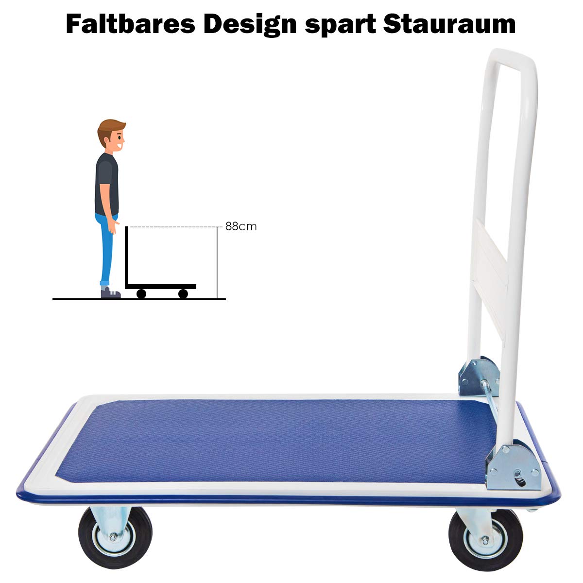 GYMAX Carretilla de Transporte Plegable con Capacidad de hasta 300 kg, 90 x 60 cm, con Revestimiento Antideslizante, Carretilla de Metal, Carro de Plataforma para Casa, Jardín y Supermercado