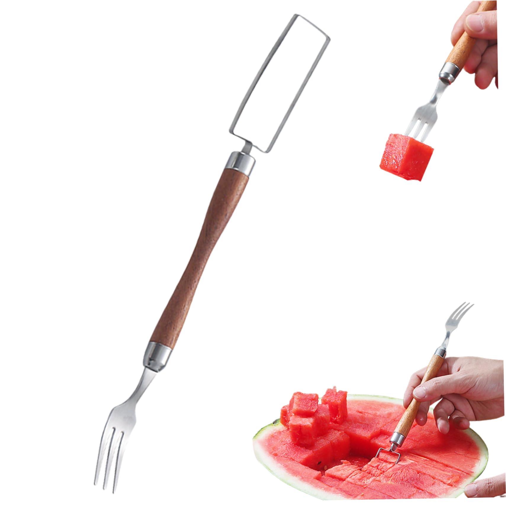 2-in-1 Watermelon Fork Slicer Food Grade Stainless Steel Watermelon Slicer Cutter with Wood Handle Portable Fruit Cutting Fork Slicer for Home Party Camping Fruit Knives