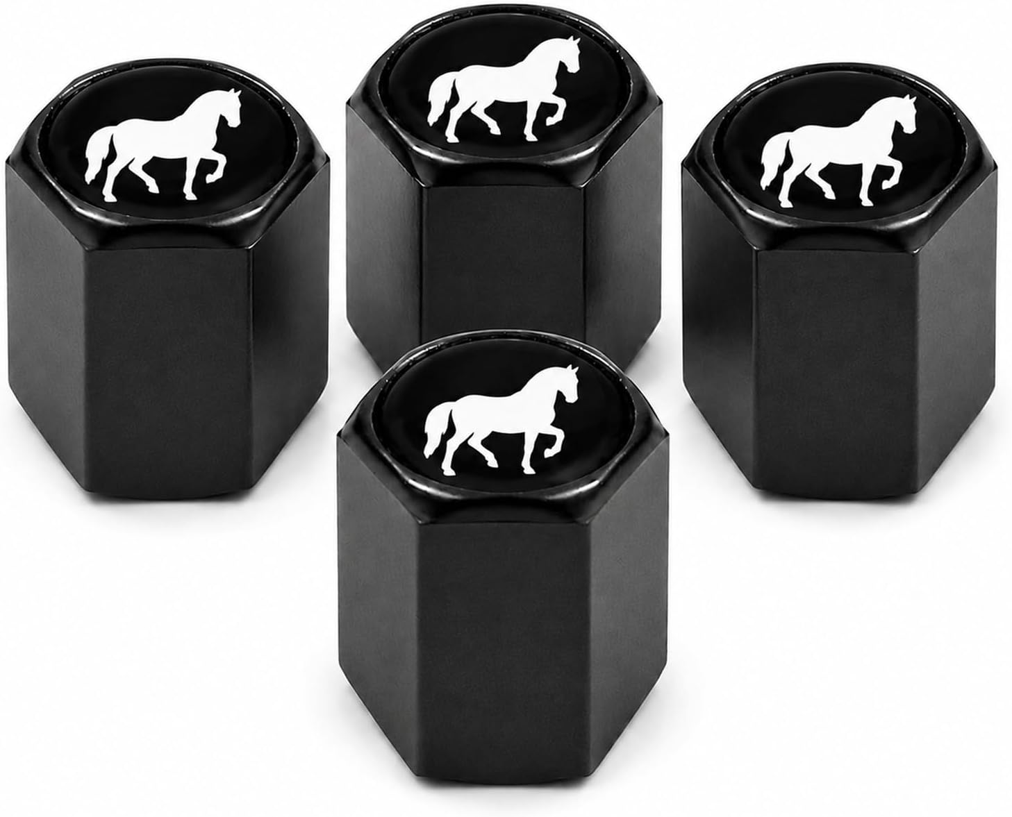 4 Pack Horse Tire Valve Stem Caps, Black Metal Car Wheel Air Caps, Hex Decorative Tire Valve Covers for Cars Trucks SUVs Motorcycles Bikes, Horse Design Auto Accessories