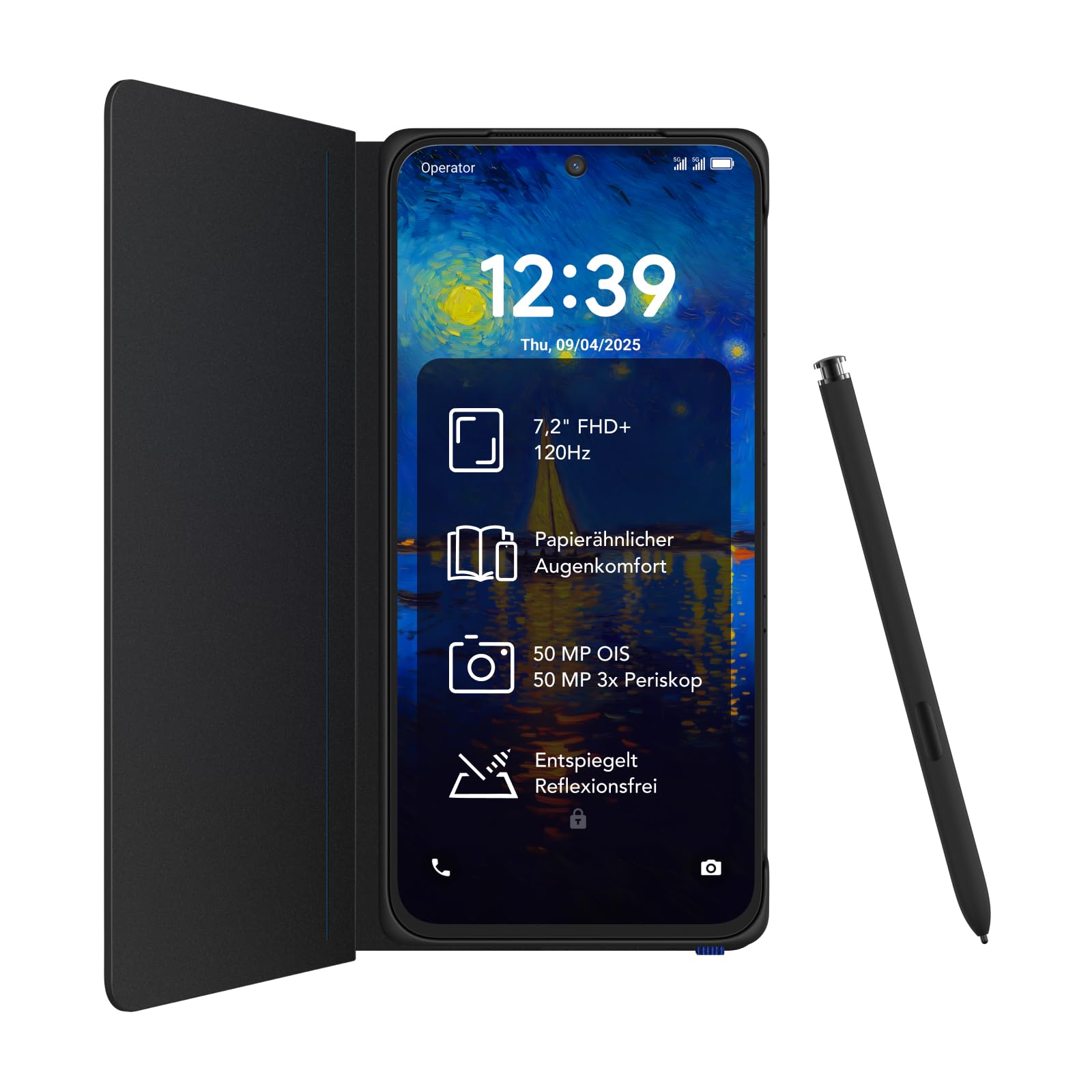 TCL NXTPAPER 60 Ultra 5G Android-Smartphone,7,2 Zoll FHD+ 120 Hz NXTPAPER Display,12 GB RAM + 512 GB ROM,Smartphone mit Augenschutz,5000-mAh-Akku,Nebula Black, mit Klappdeckel und Stift