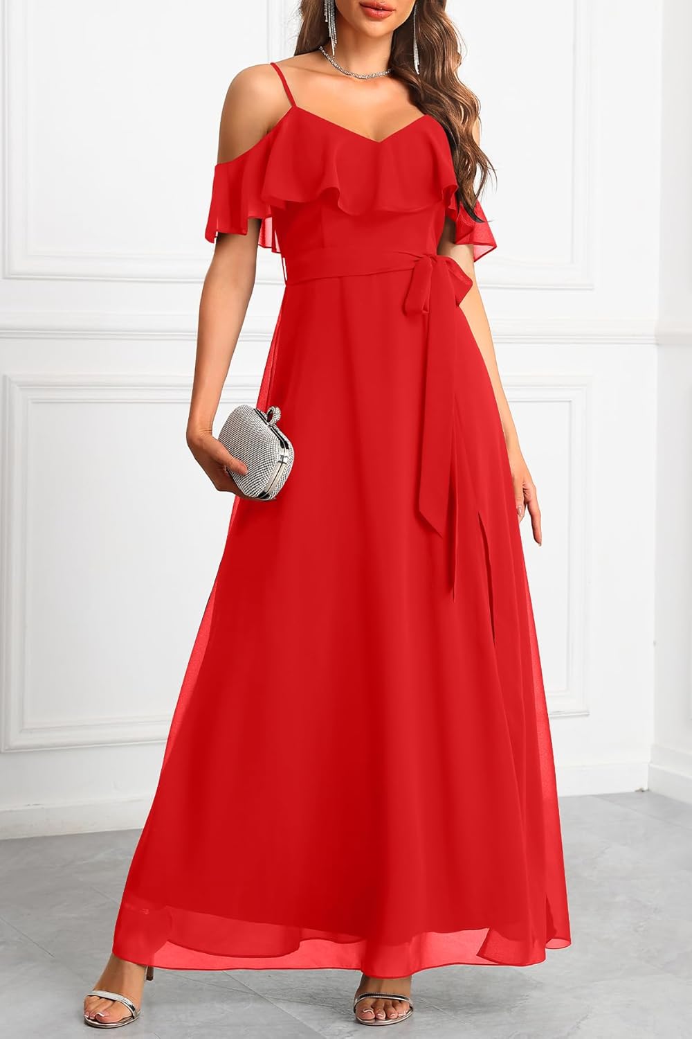 Formal Dresses for Women - Off The Shoulder Wedding Guest Bridesmaid Prom Chiffon Flowy Split A-Line Long Dress - Image 4