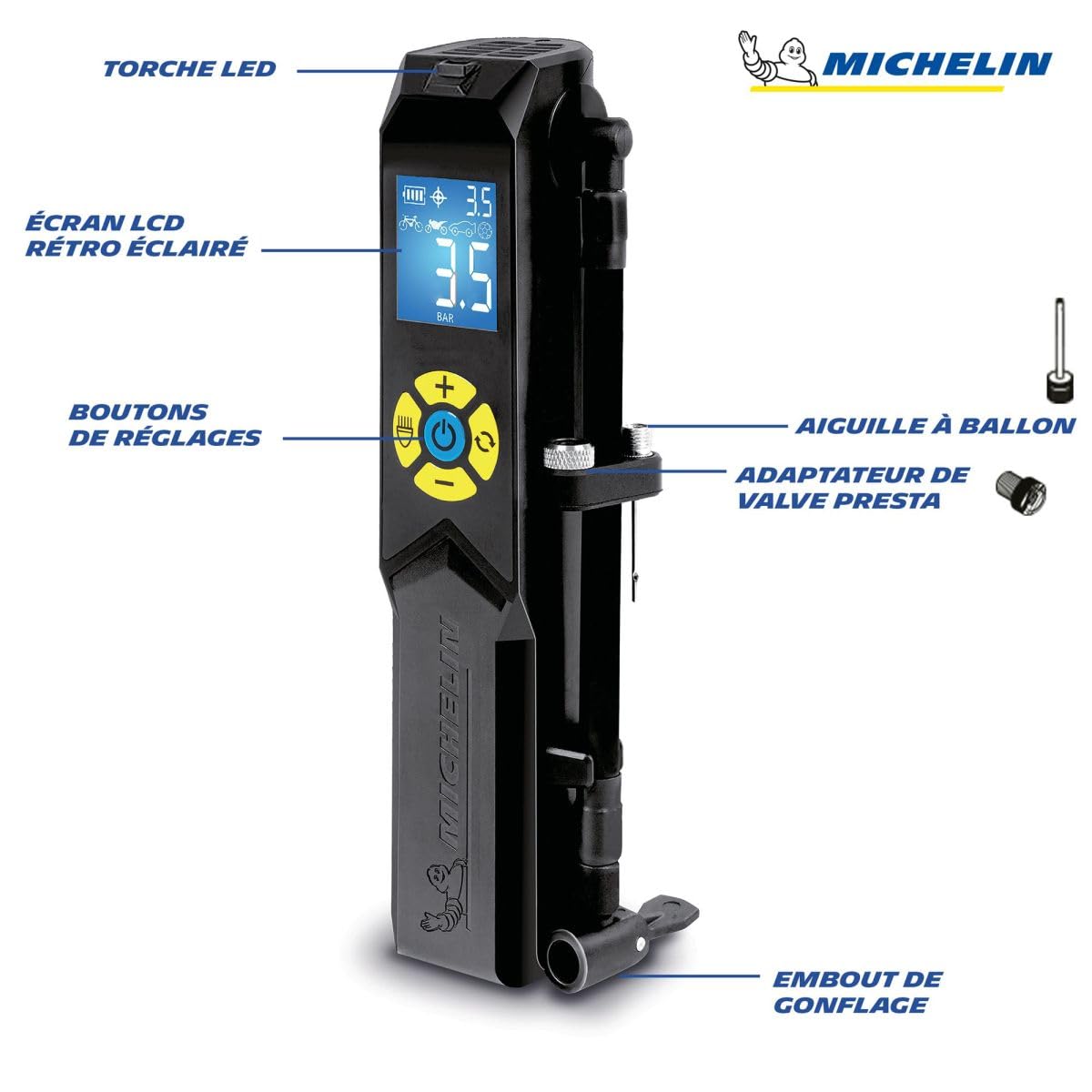 MICHELIN - Mini compresseur USB rechargeable - Sans fil - Pour pneus vélos, motos, voitures - Manomètre digital 10 bars - Batterie lithium 2500 mAh - Adaptateurs inclus - Lampe torche LED intégrée